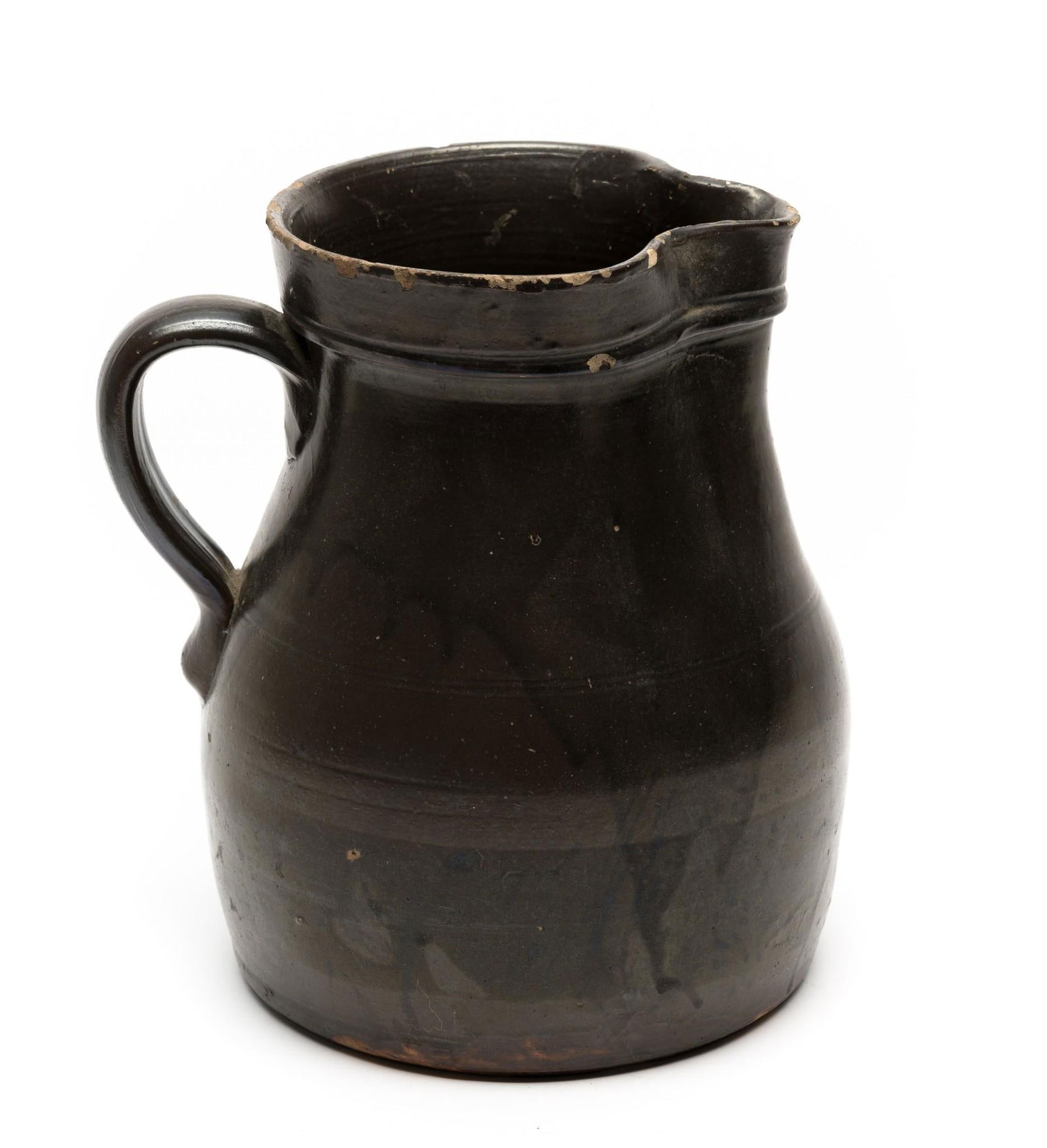 Stoneware Pitcher: 6-1/4" wide x 10-1/4" high. Overall chips.