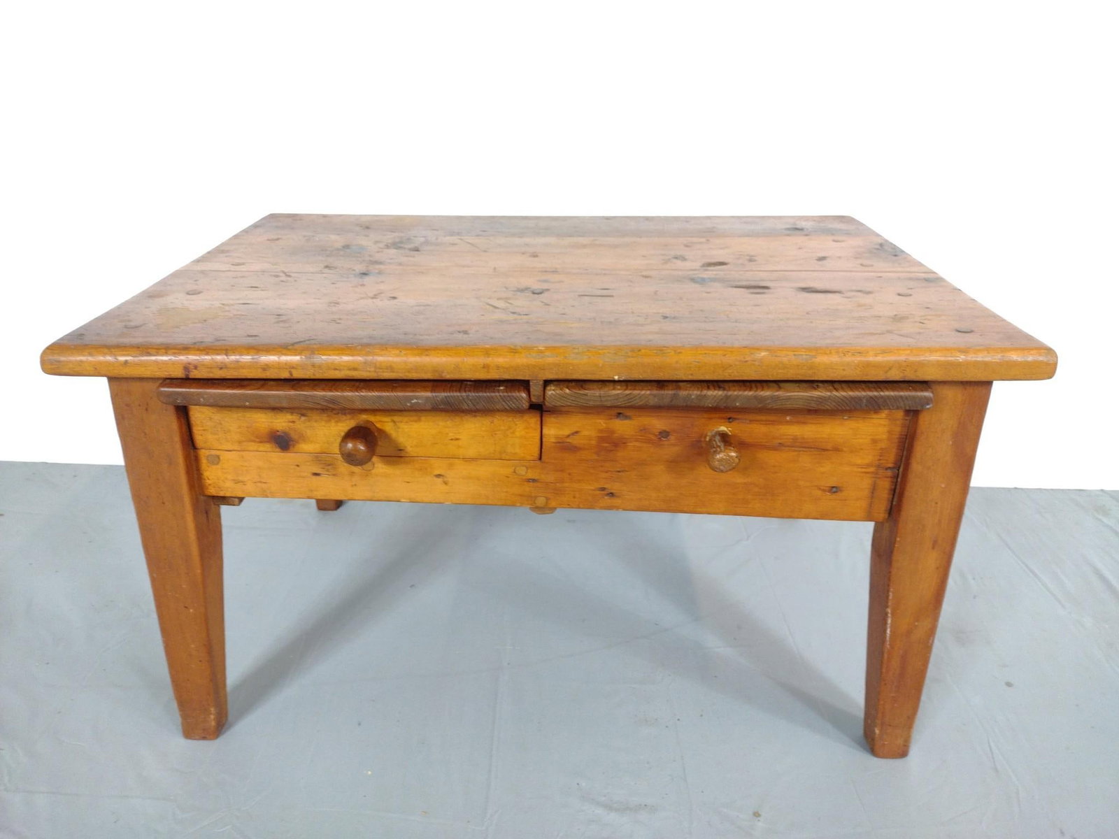 Rustic Farmhouse Table with Pullouts: NOT ELIGIBLE FOR IN-HOUSE SHIPPING. 36" wide X 25" deep X 20-1/2" high. Has some scratches and finish loss.