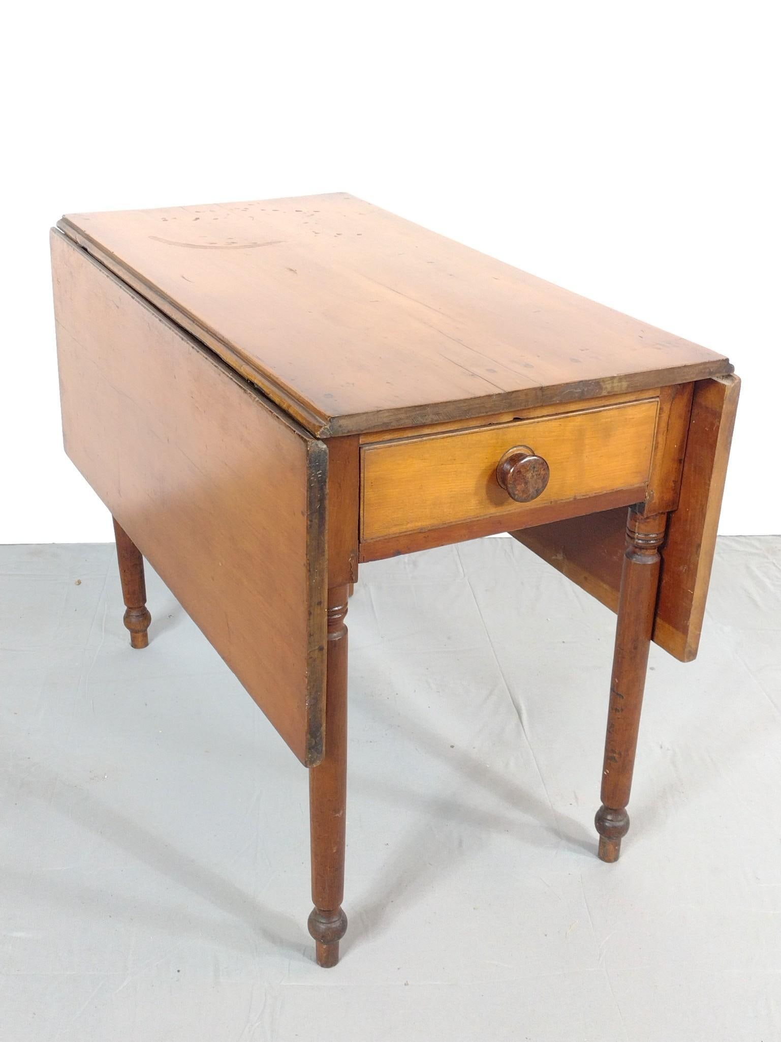 Drop Leaf Table: NOT ELIGIBLE FOR IN-HOUSE SHIPPING. Open 46", closed 19-1/2" wide X 36-1/2" deep X 27-1/2" high. Has some scratches and areas of discoloring. One leg has repair.