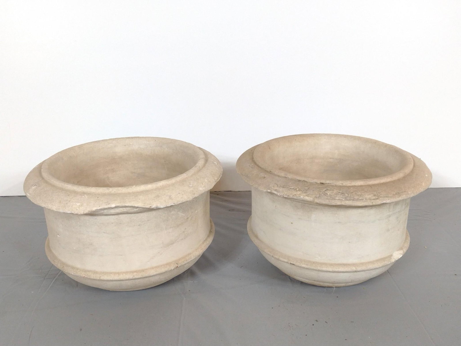Pair Of Planters: NOT ELIGIBLE FOR IN-HOUSE SHIPPING. Each 14" diameter X 8-3/4" high. Both have losses.