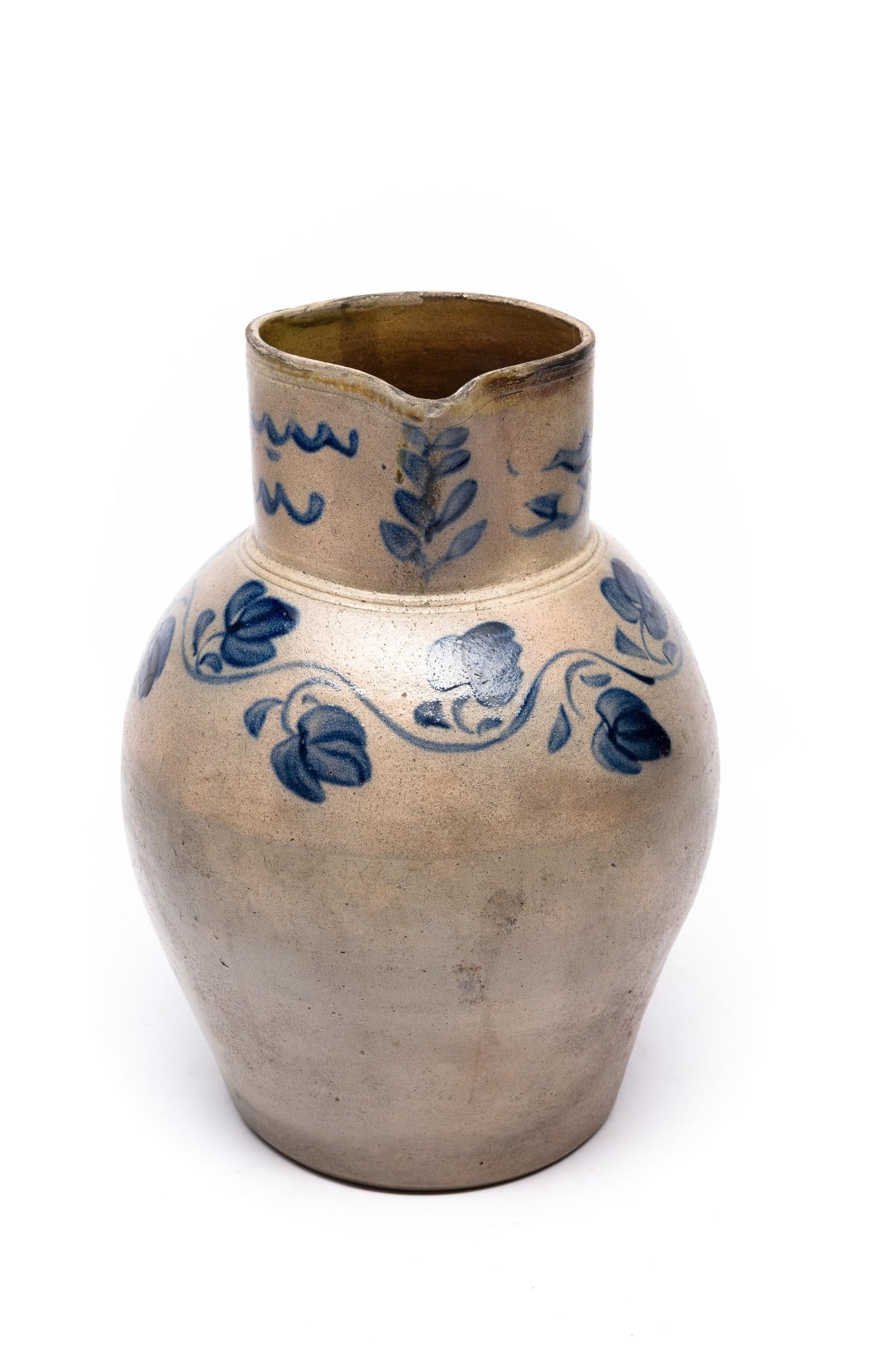 Attributed to Henry C. Remmey (Philadelphia, PA) Cobalt Blue Floral Stoneware Pitcher (1 of 5)