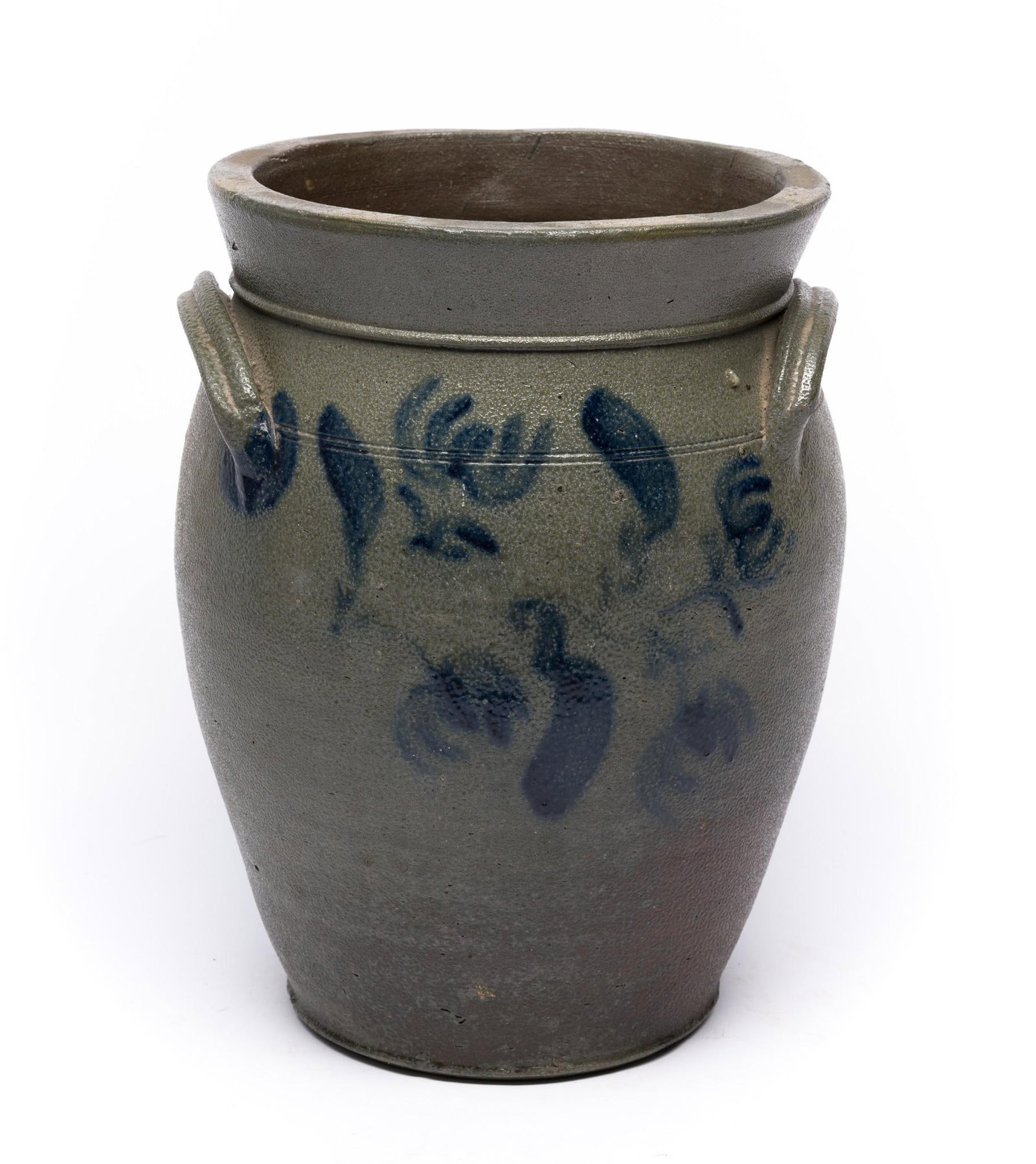 Unmarked Blue Cobalt Stoneware Crock: Circa 19th century. Floral motif with cobalt blue highlights on lug. 13-1/4" wide x 9-1/4" high.
