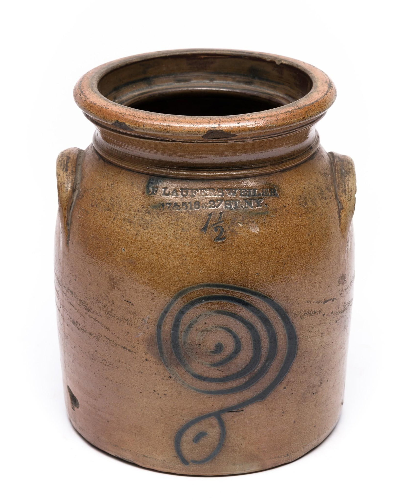 F. Laufersweiler NY 1-1/2 Gallon Stoneware Crock: Circa 1900s. Decorated with rare abstract, swirling slip-trailed design. 7" diameter x 9-1/2" high.
