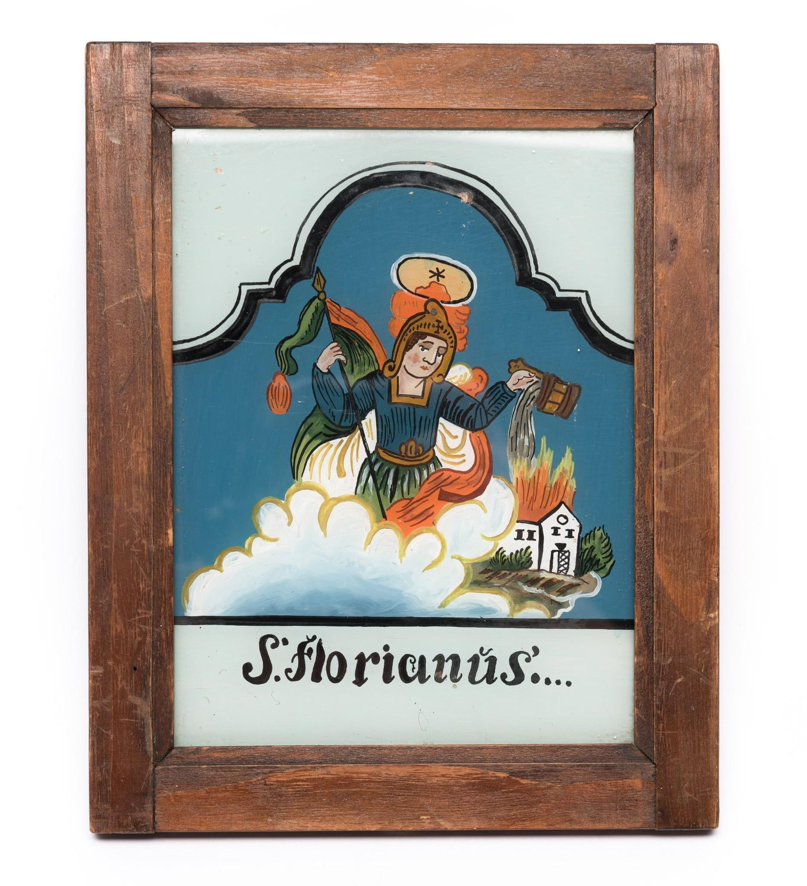 Antique St. Florian Reverse Painting: 10-1/8" high x 8-1/8" wide. Small paint loss in a few places.