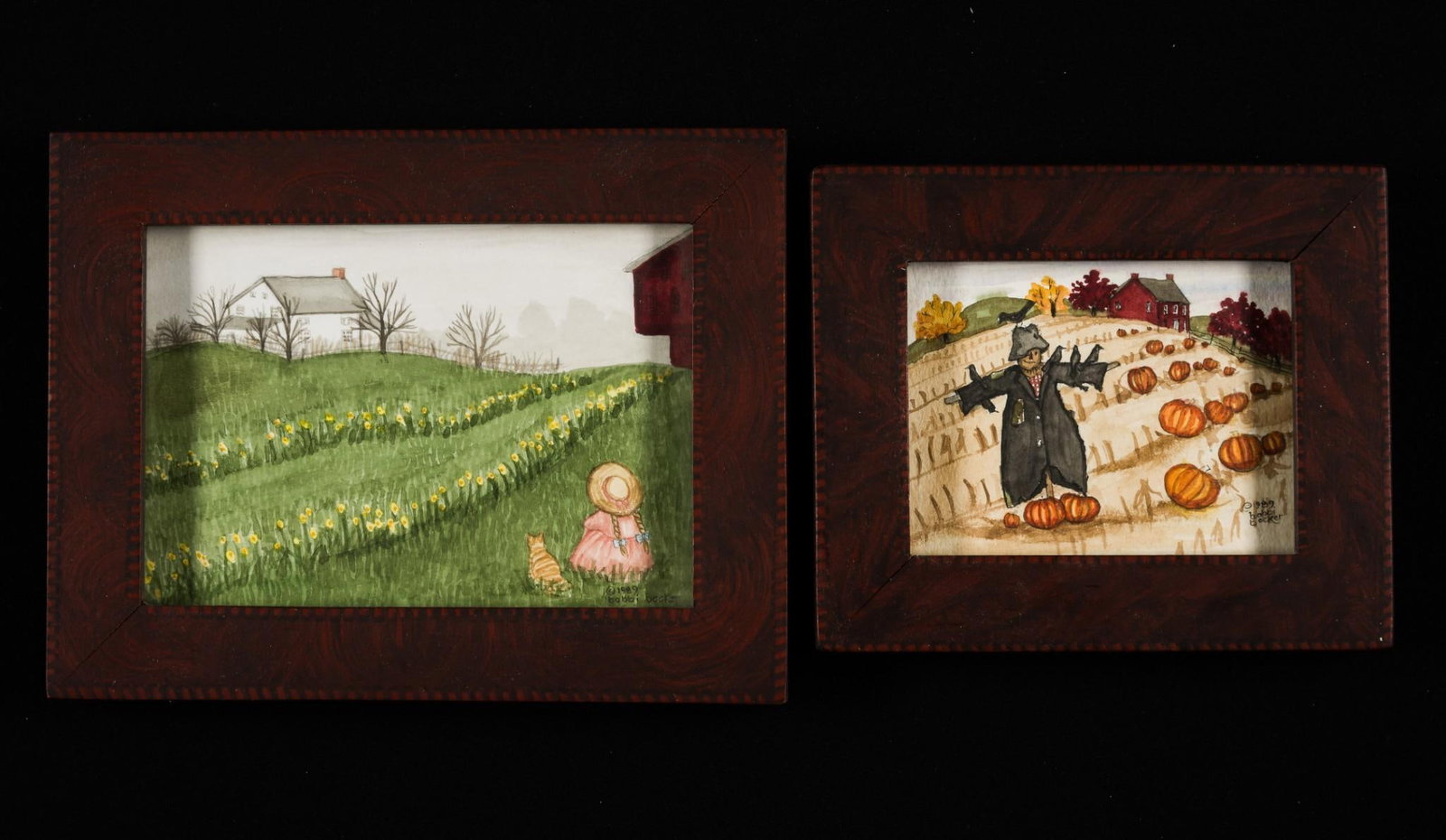 2 Bobbi Becker Framed Watercolors: Includes "Enjoyin the Daffodils" and " "Scarecrow in the Pumpkin Patch". Bobbi Becker is a folk artist out of New Oxford PA. Sight 3-1/2" to 4-1/2" long x 4-1/2" to 6-1/2" wide. Overall 5-3/4" to 6-3/