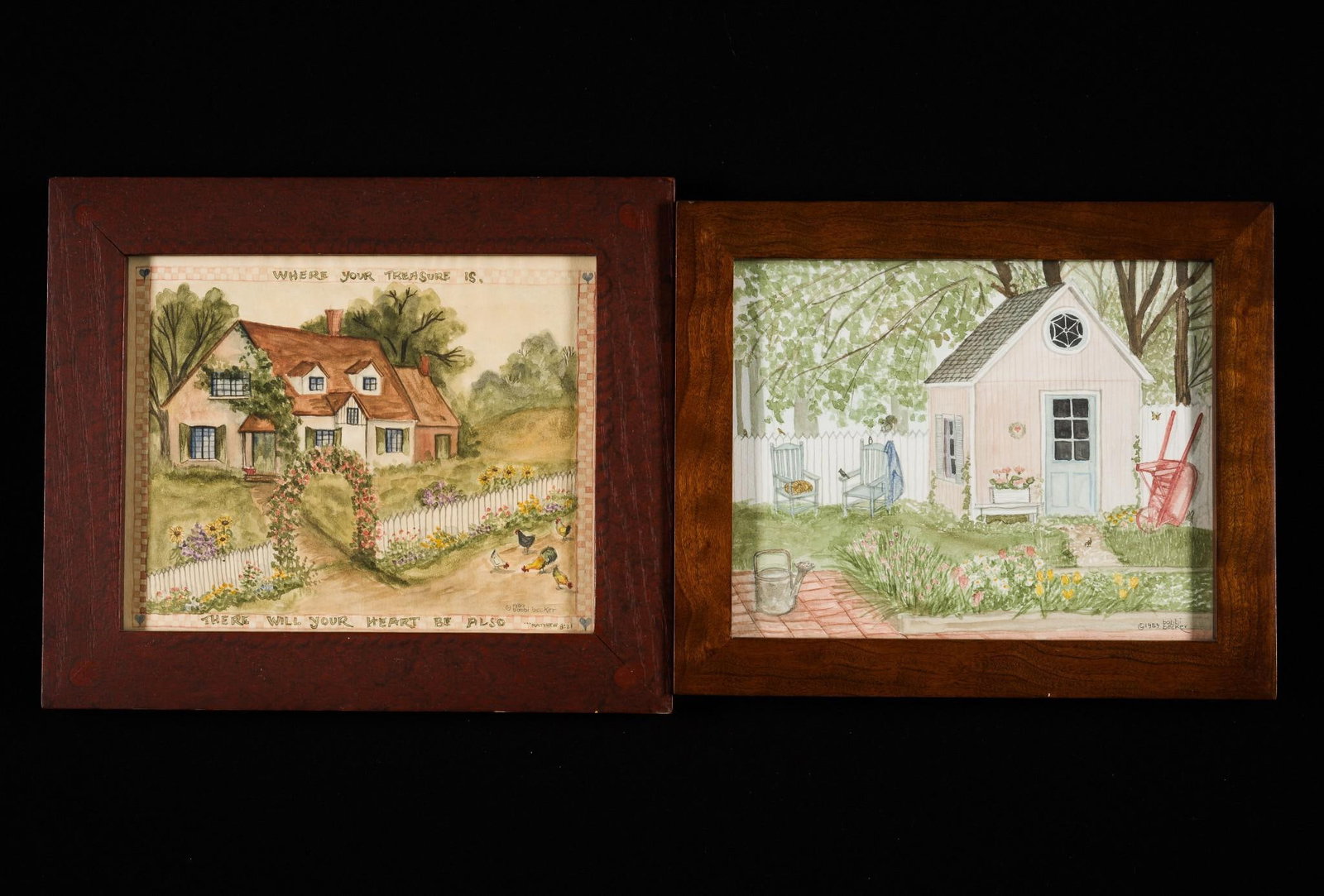 2 Bobbi Becker Watercolors: Includes "Where Your Heart Is..." and "The Little Garden Shed". Bobbi Becker is a folk artist out of New Oxford, PA. Sight 7-1/2" long x 9-1/2" wide. Overall 9-3/4" to 10-3/4" long x 11-3/4" to 12-1/2