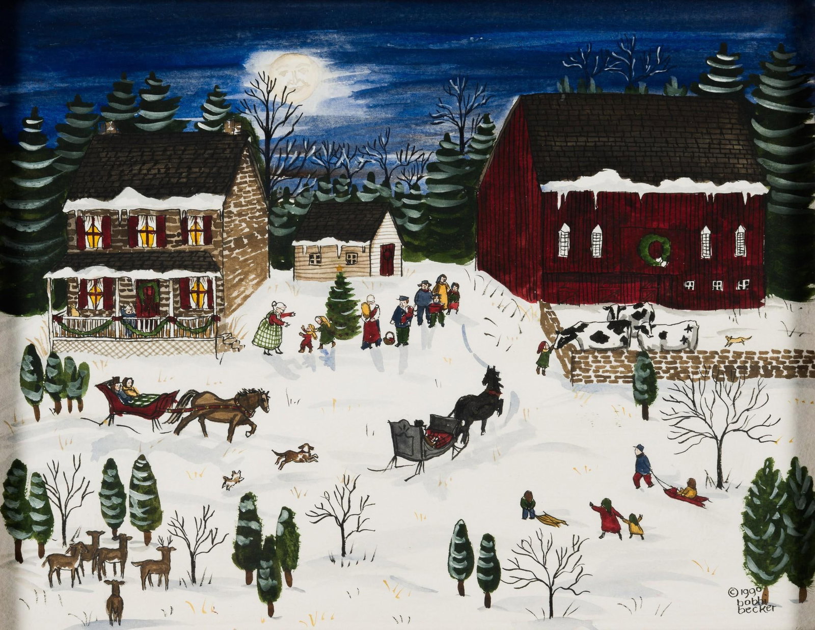 Bobbi Becker "The Family Gatherin" Watercolor: NOT ELIGIBLE FOR IN-HOUSE SHIPPING. Sight 10-1/2" long x 13-1/2" wide. Overall 14-3/4" long x 17-3/4" wide. Bobbi Becker is a folk artist out of New Oxford, PA.