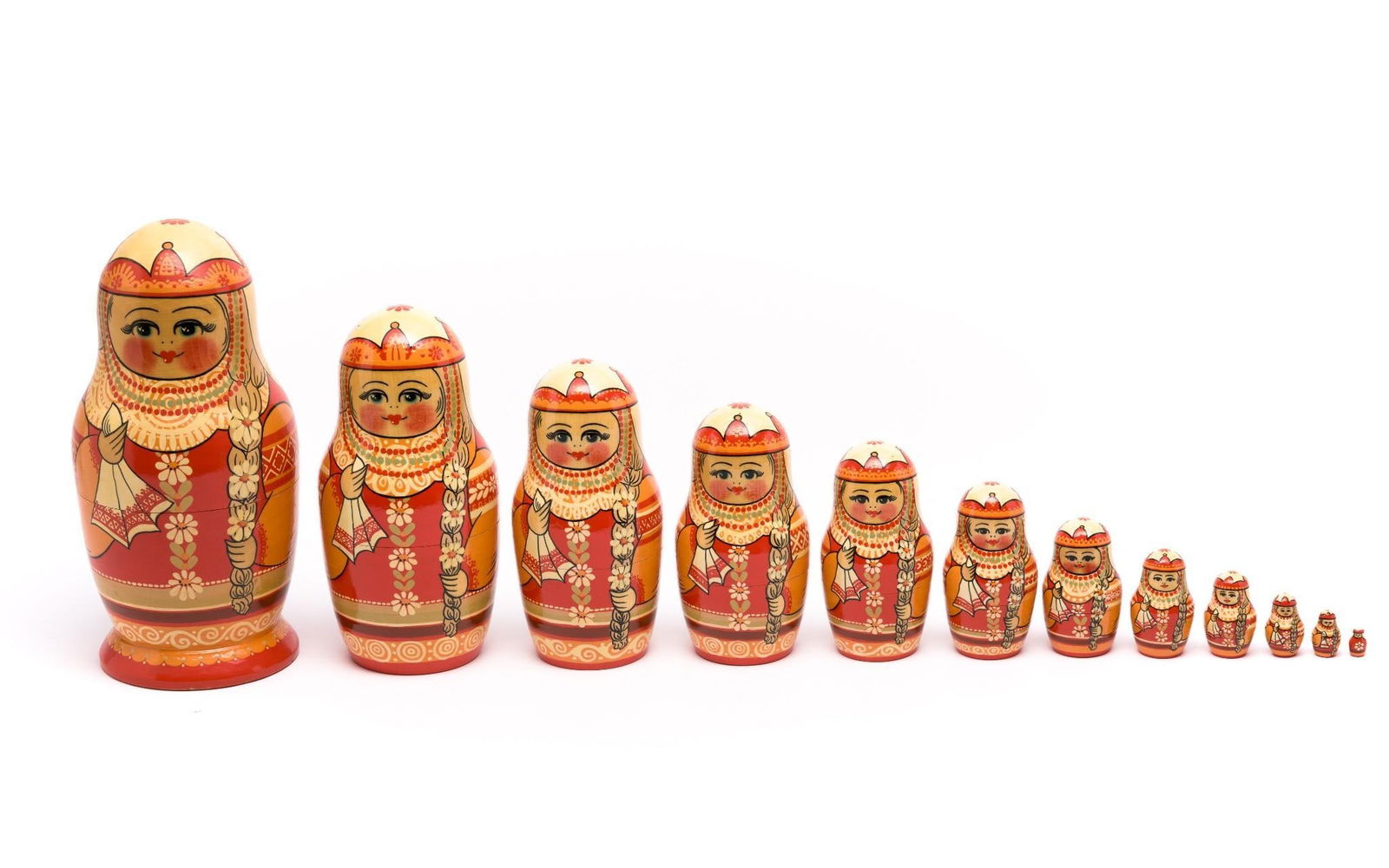 Wood Russian Nesting Dolls: Bottom marked "Panteleimov Matryoshka". 12 nesting dolls. All depicting the same female figure. 1/8" to 4-1/4" wide x 3/4" to 10-1/4" high.