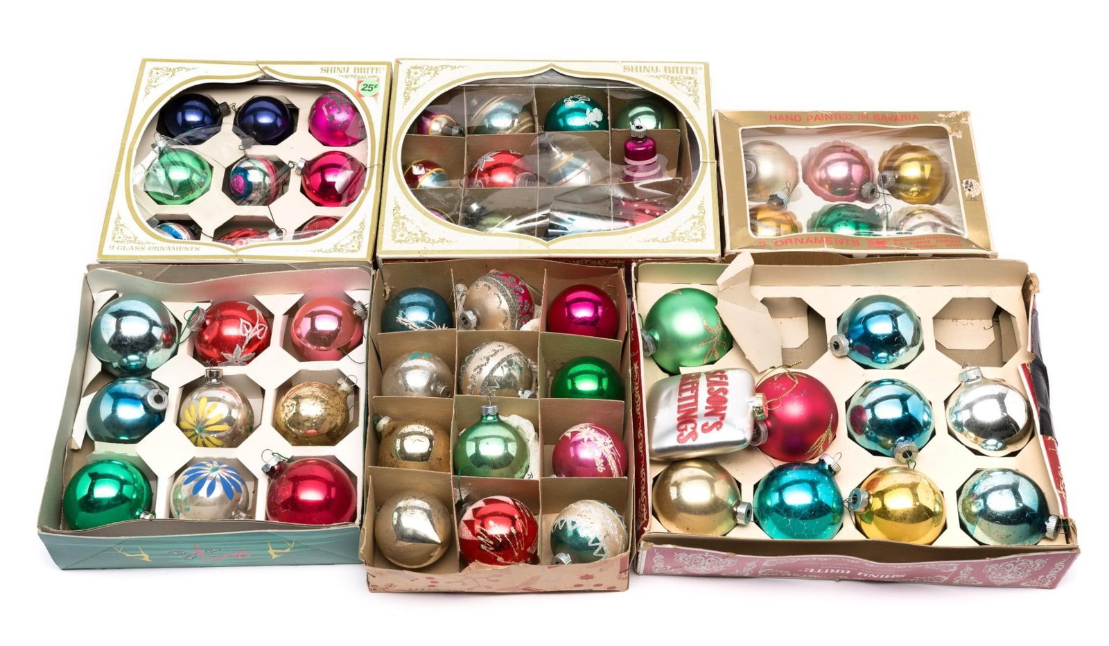 58 Vintage Christmas Ornaments: Some in original boxes. Includes plain and various designs. Balls are 1-1/2" to 3-1/2" diameter. Some have some cracking on color, but overall good.