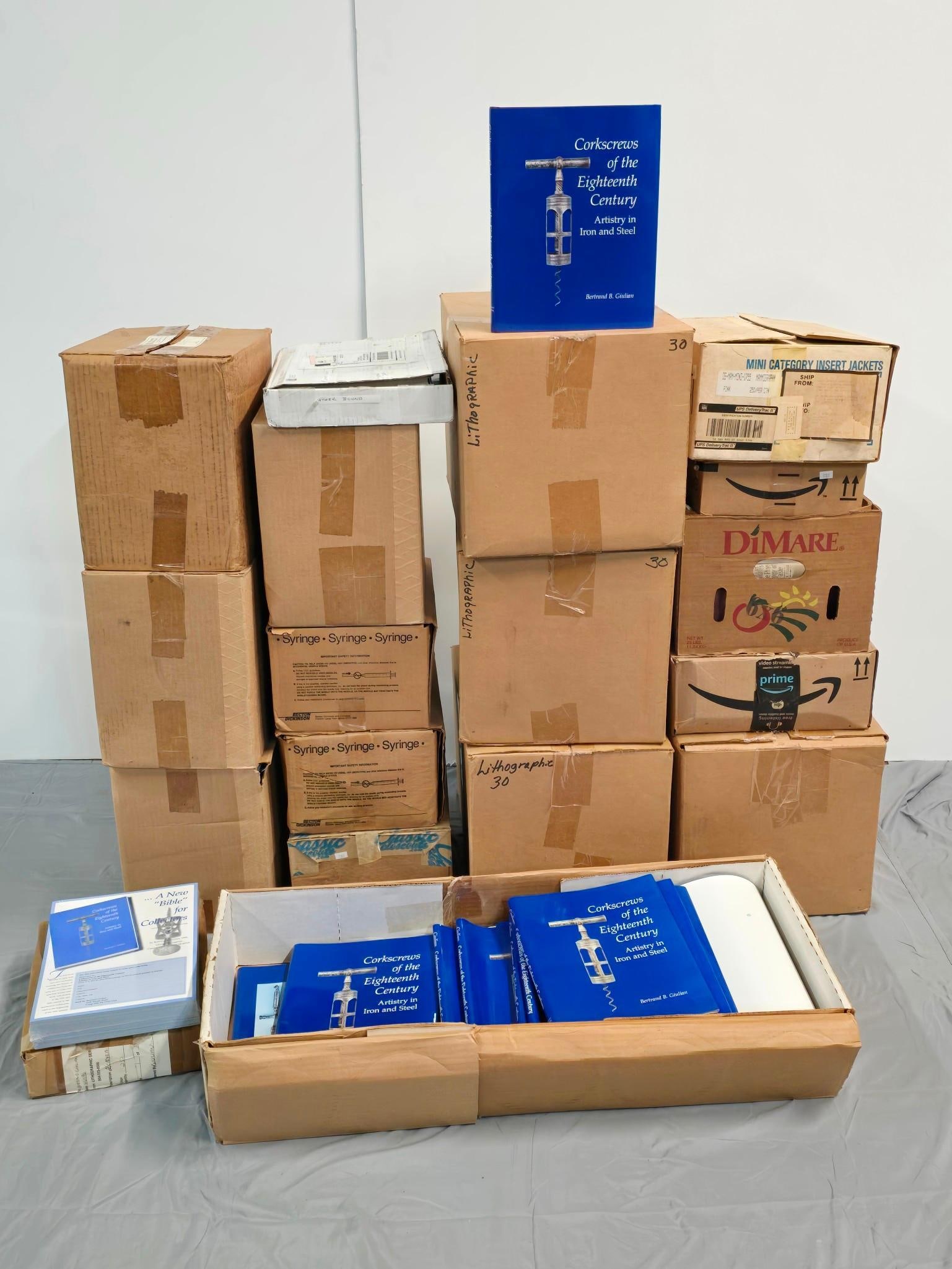 Lg Collection of Corkscrews of the Eighteenth Century Books: NOT ELIGIBLE FOR IN-HOUSE SHIPPING. Includes approximately 200 copies of Corkscrews of the Eighteenth Century by Bertrand B. Giulian, approximately 30 dust jackets, and book advertisements.