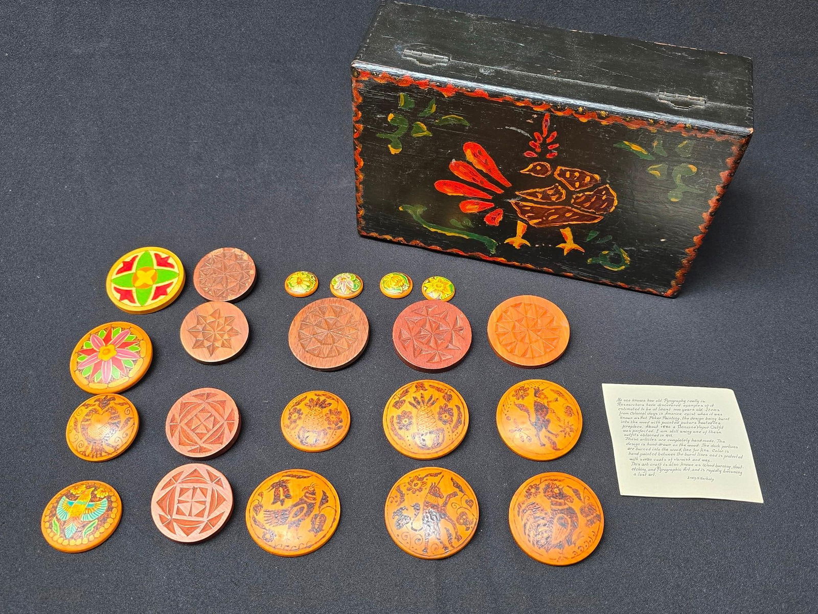 21 Folk Art Buttons by Irvin Hartman Herbein Jr. (1896-1978) & Folk Art Box (1 of 2)