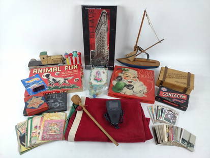 Lot of Vintage Toys & More: Includes puzzles, Pez dispensers, flag, postcards, and more. All with wear as expected with age.