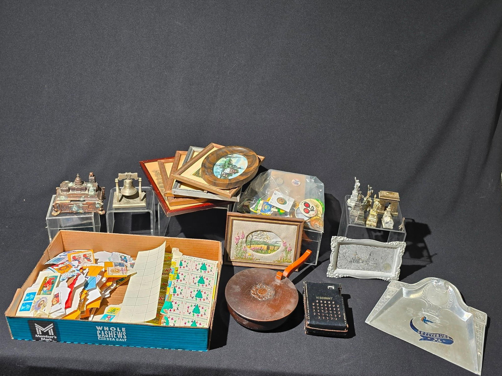 Lot of Vintage Souvenir Items Incl Stamps: Includes small statues, pins, stamps, crumb cleaners, framed items, and more. All with wear as expected with age.