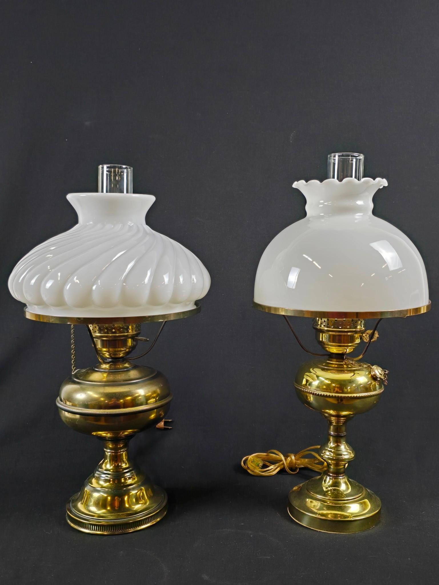2 Electrified Antique Brass Lamps with Milk Glass Shades (1 of 3)