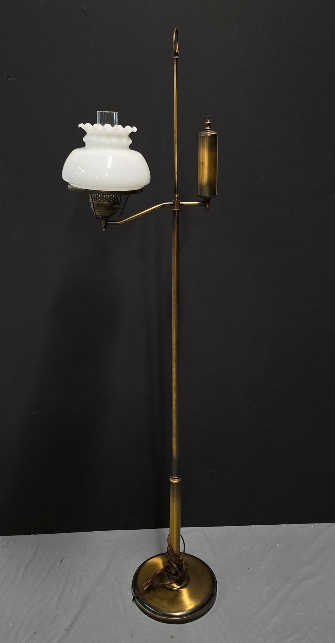 Brass Electrified Oil Floor Lamp with Milk Glass Shade (1 of 2)