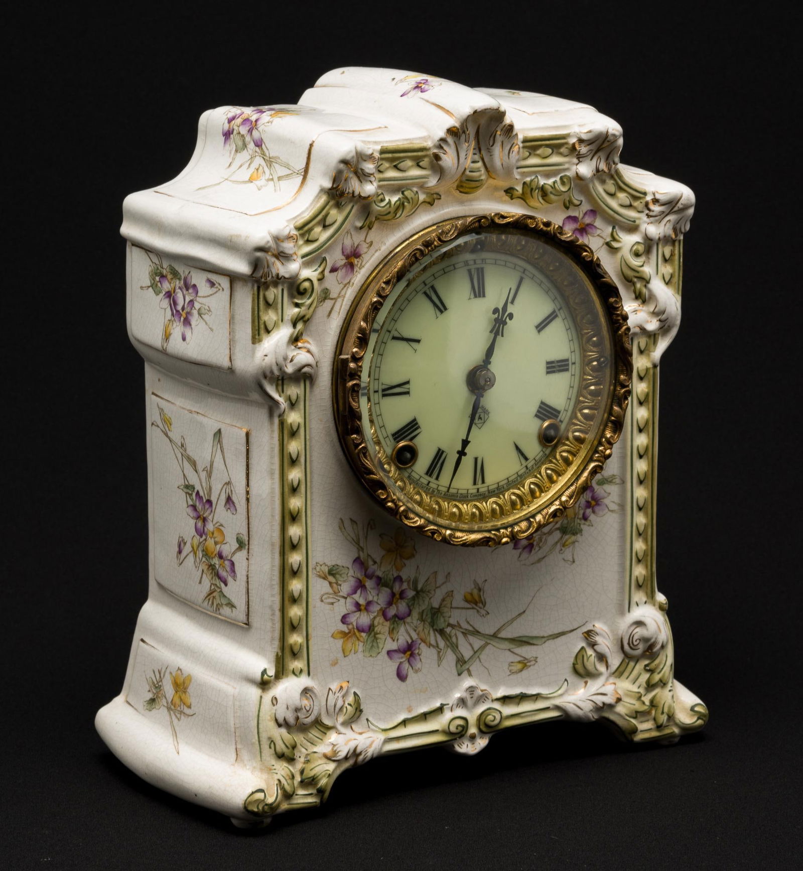 Ansonia Floral Porcelain Mantle Clock: 9" wide x 11-1/4" high.
