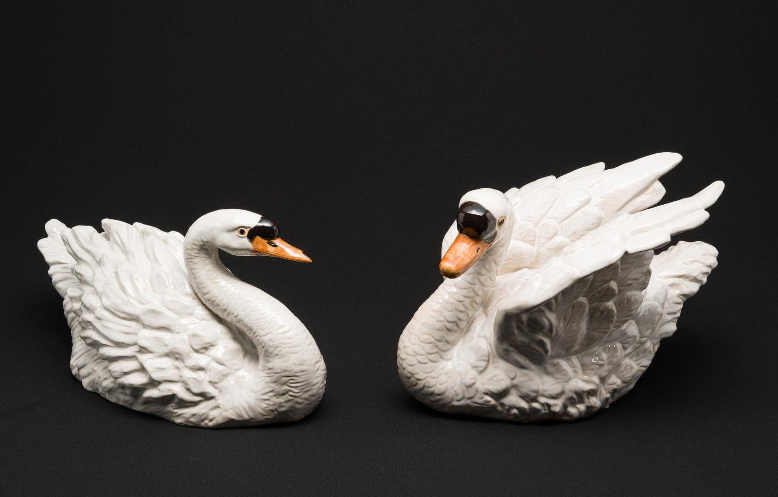 2 Swan Figurines: 10-1/2" wide x 8-1/2" to 10" high.