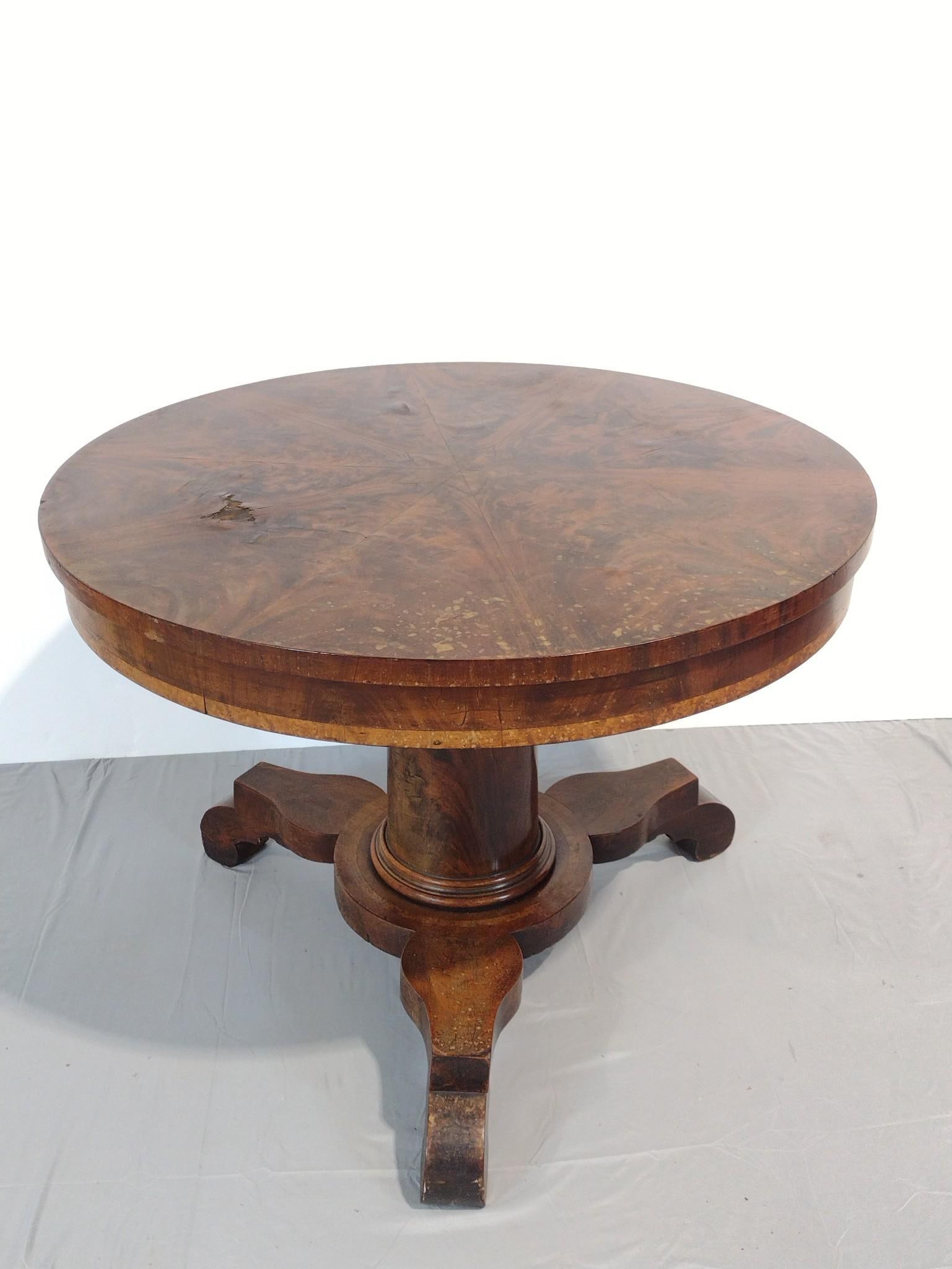 Round Occasional Table: NOT ELIGIBLE FOR IN-HOUSE SHIPPING. 37-1/4" diameter X 27-1/2" high. Has some veneer loss. Also has discoloring. ?????