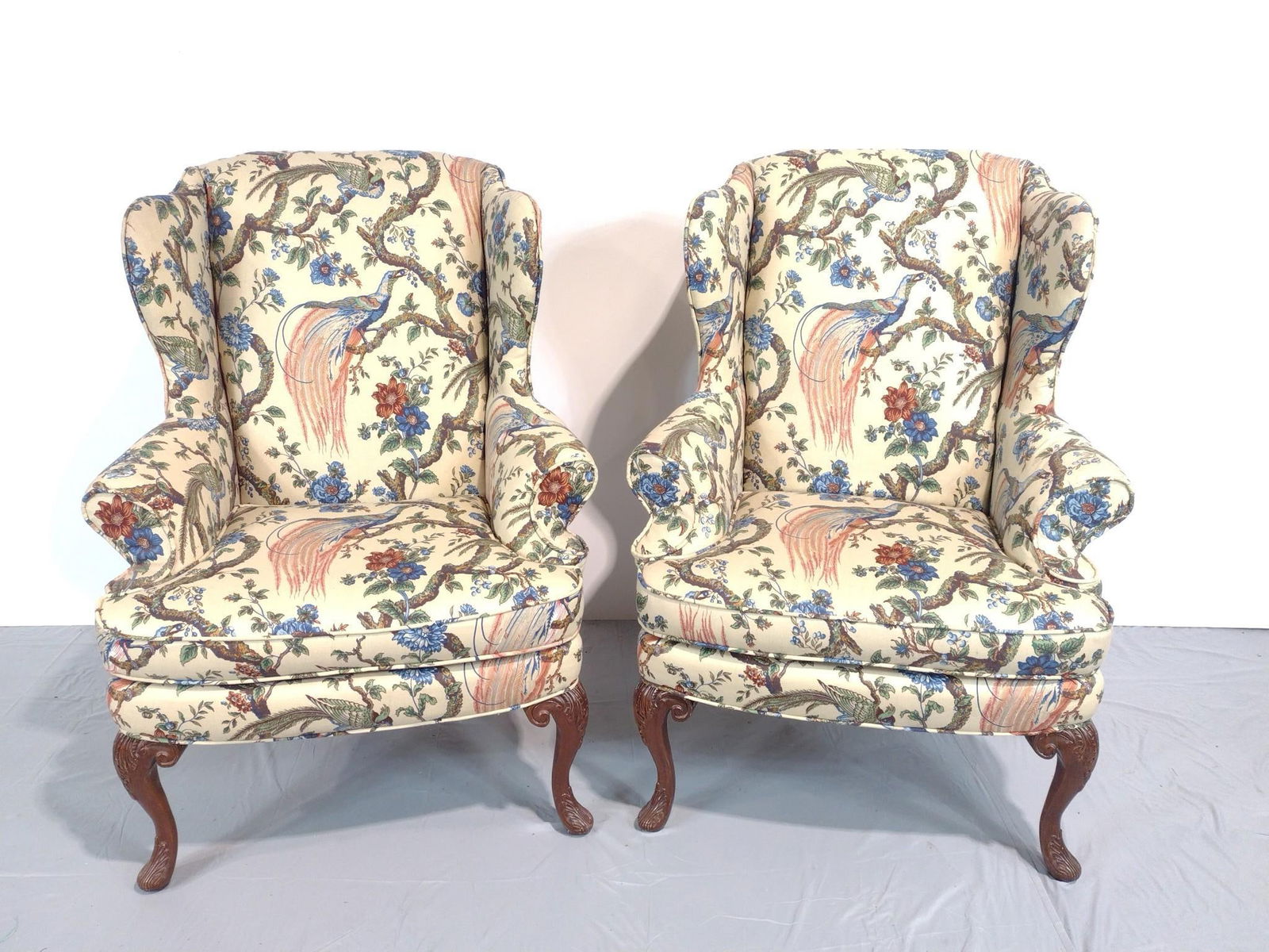 Pair Of Sherrill Wingback Chairs: NOT ELIGIBLE FOR IN-HOUSE SHIPPING. Both 34" wide X 28" deep X 44-1/2" high.