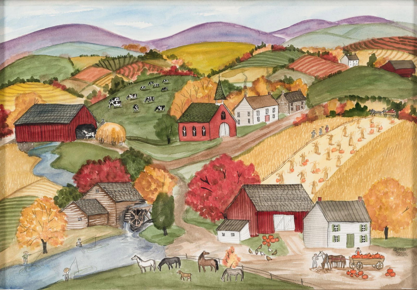 Bobbi Becker Watercolor: NOT ELIGIBLE FOR IN-HOUSE SHIPPING. Countryside scene. Sight 13-1/2" high x 19-1/4" wide. Overall 17-3/4" high x 23-3/4" wide. Bobbi Becker is a folk artist in New Oxford PA.