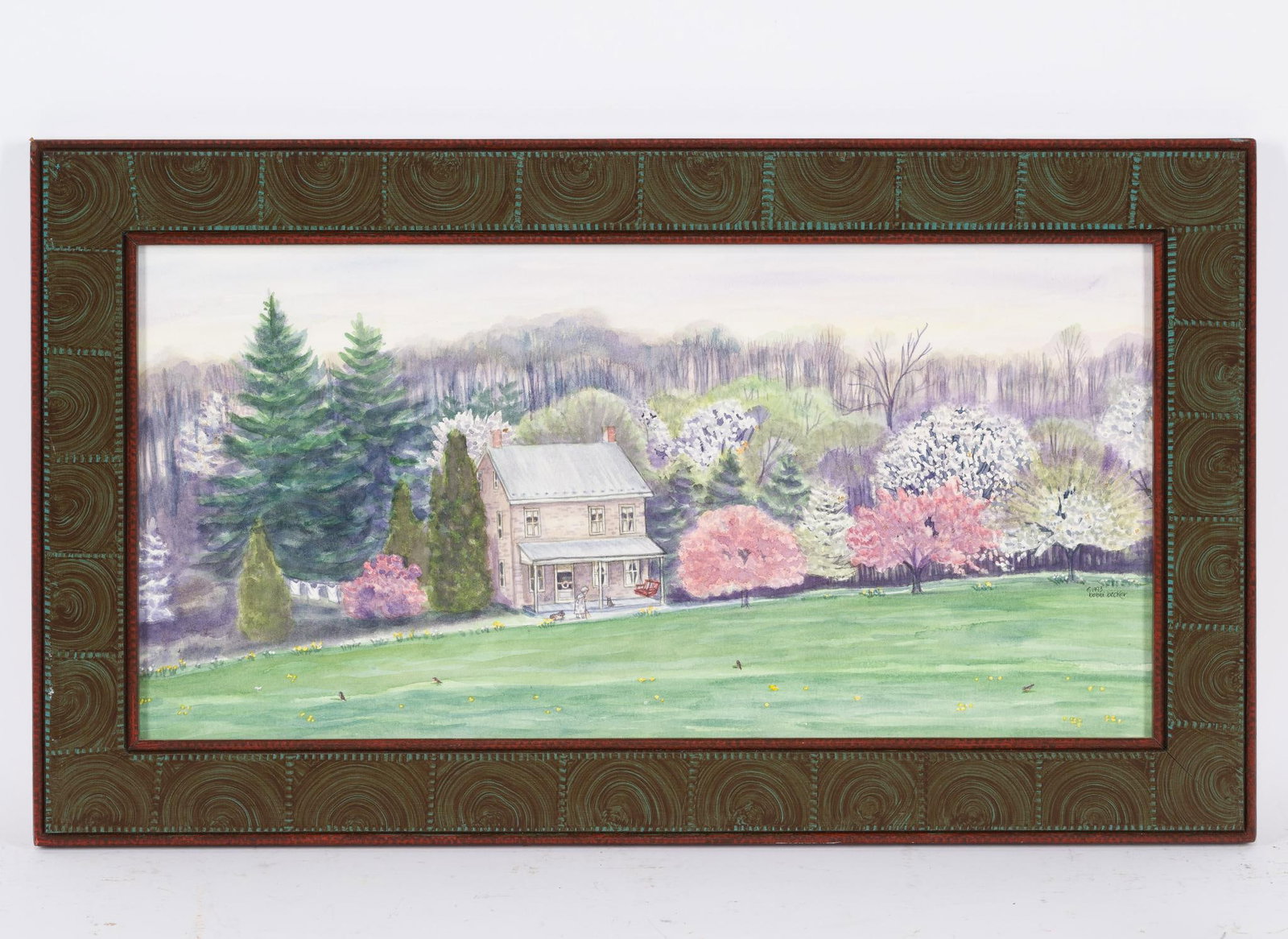 Bobbi Becker 'Spring's Beauty' Watercolor: NOT ELIGIBLE FOR IN-HOUSE SHIPPING. Sight 10-1/2" high x 21-1/4" wide. Overall 15" high x 26" wide. Bobbi Becker is a folk artist from New Oxford PA.