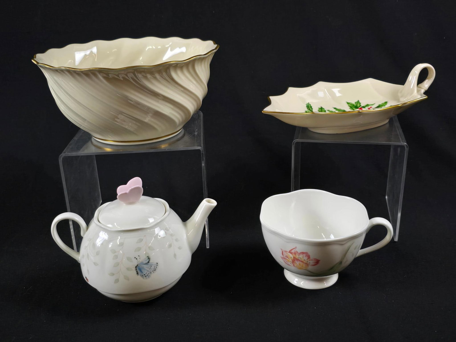4 Pieces of Lenox: Includes Holly Dish, two pieces of Butterfly Meadow, and plain Lenox bowl. Bowl is 8" diameter. Tea cup is 4-1/4" diameter.