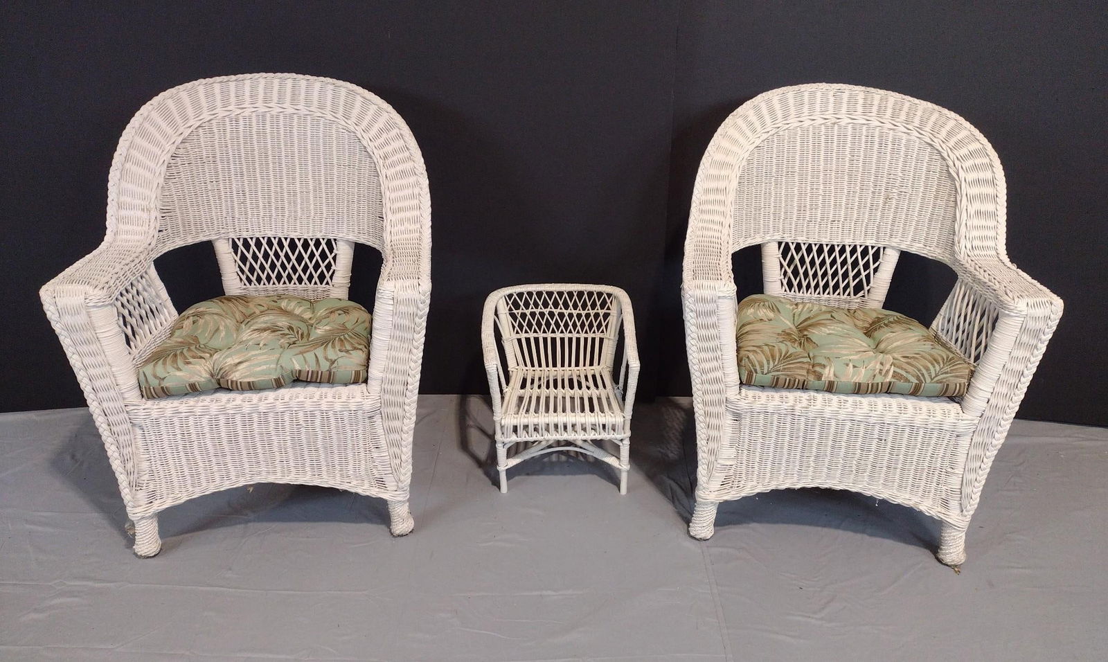 3 Wicker Chairs: NOT ELIGIBLE FOR IN-HOUSE SHIPPING. Large 29-1/2" wide X 27" deep X 38" high. Small 15-1/2" wide X 12" deep X 17" high.