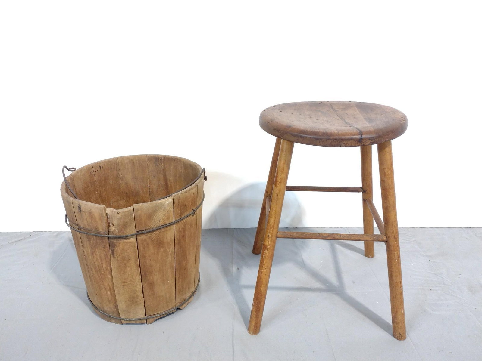 Bucket & Stool: NOT ELIGIBLE FOR IN-HOUSE SHIPPING. Stool 13-1/2" diameter X 13" high. Stool 14" wide X 14" deep X 19" high.