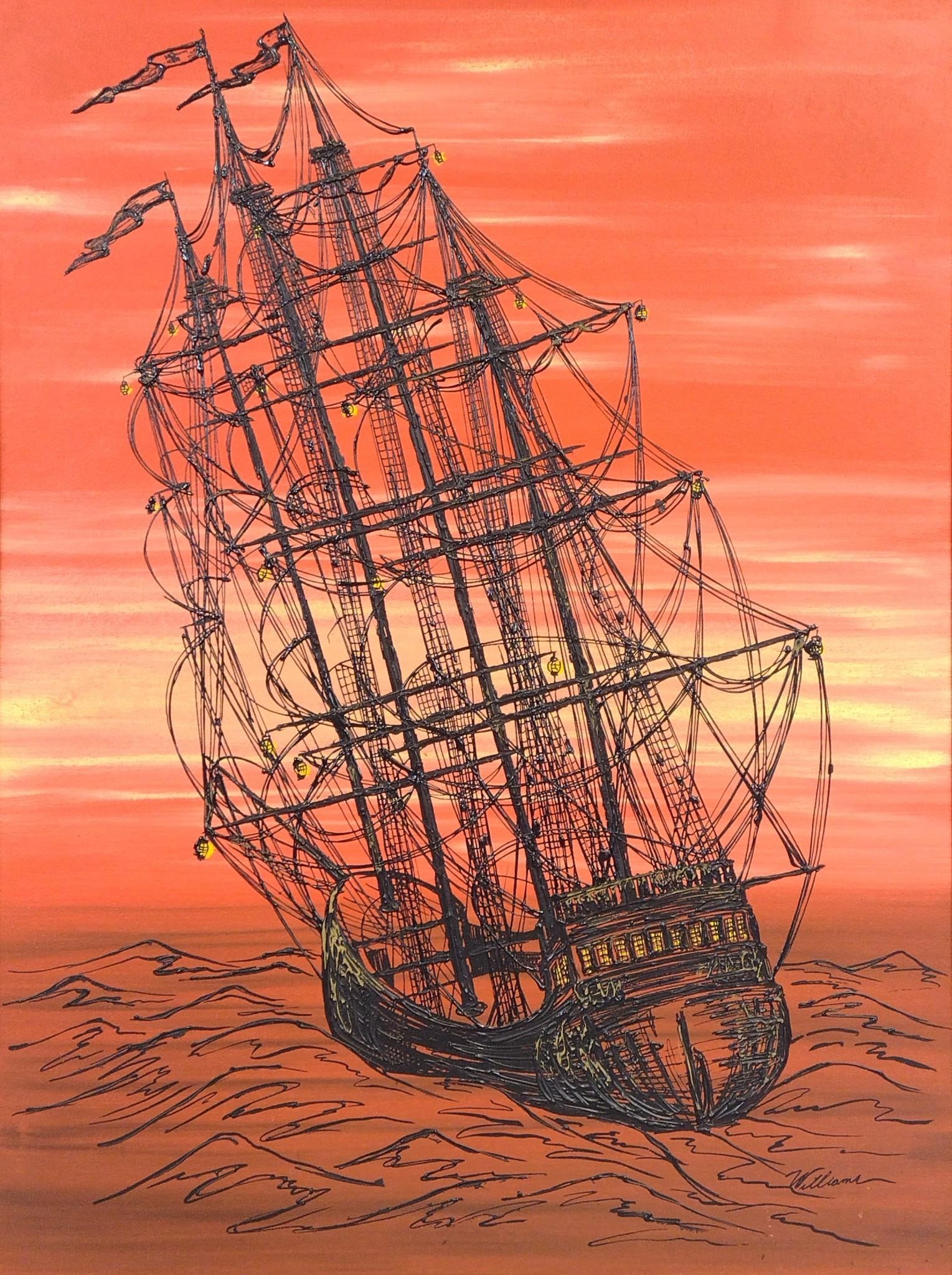 Signed Tall Ship Painting: NOT ELIGIBLE FOR IN-HOUSE SHIPPING. Sight 39-1/2" high x 29-1/4" wide. Overall with frame 46" high x 35-1/2" wide.