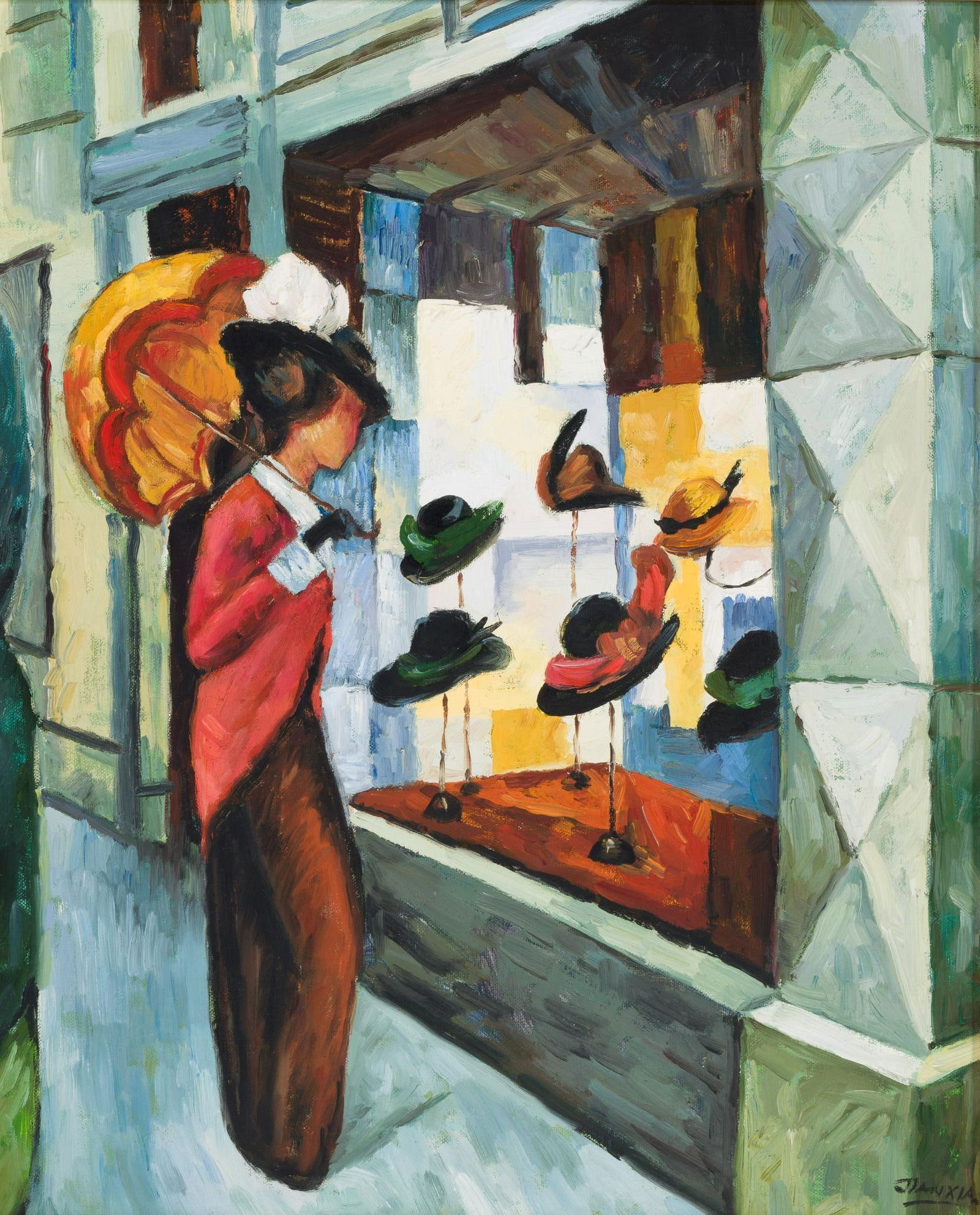 Oil On Canvas Painting in the Manner of August Macke: NOT ELIGIBLE FOR IN-HOUSE SHIPPING. This is a painting by Chinese painter Jian Xia after the original painting by August Macke, German, 1887 - 1914, of a woman with umbrella in front of a hat shop, 19