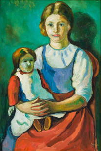 Oil Painting on Canvas After August Macke: NOT ELIGIBLE FOR IN-HOUSE SHIPPING. This is a painting by Chinese painter Jian Xia of the painting titled Blond Girl With Doll (Blondes Madchen mit Puppe) by August Macke, 1887 - 1914. This painting w