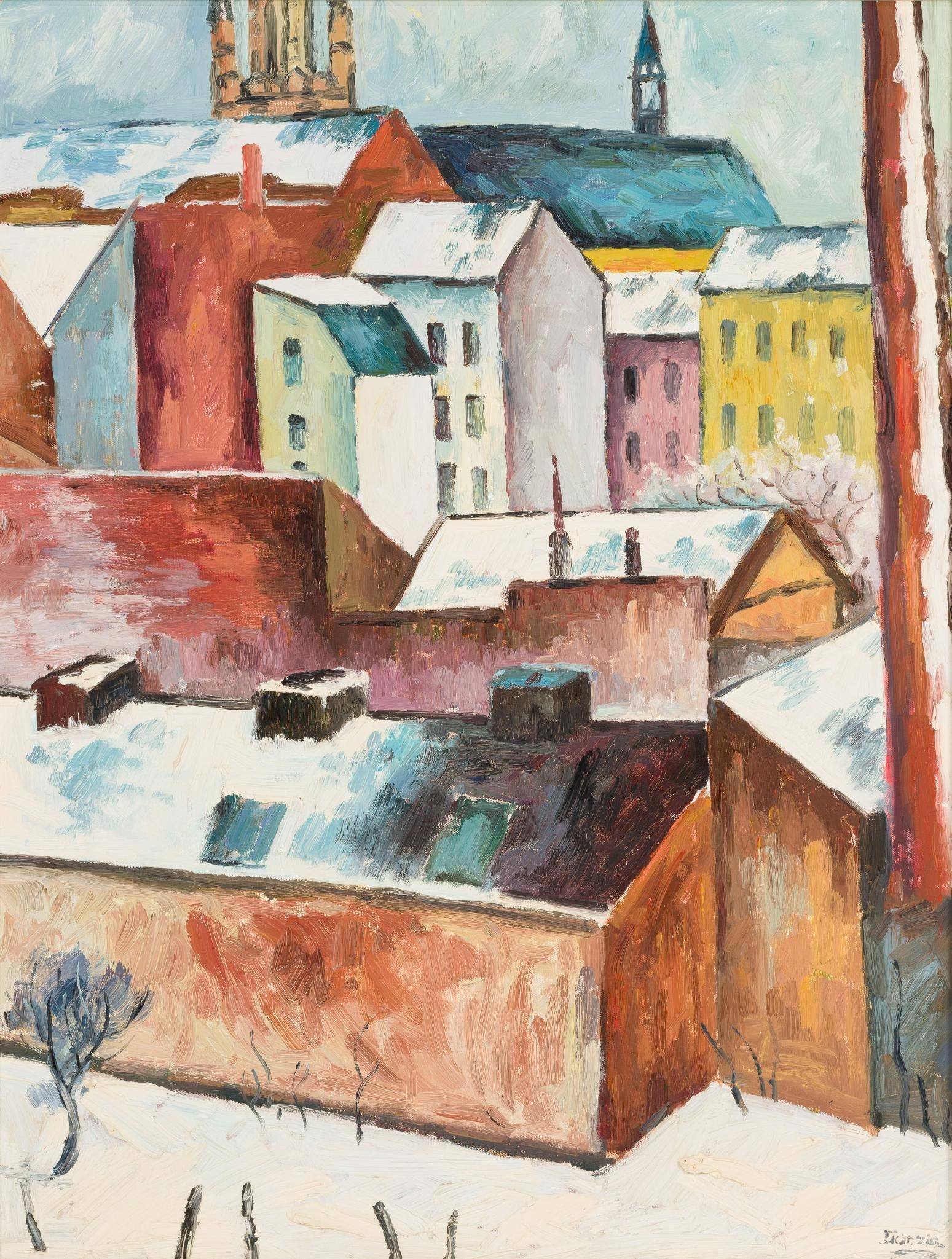 Oil On Canvas Painting After August Macke: NOT ELIGIBLE FOR IN-HOUSE SHIPPING. This is a painting by Chinese painter Jian Xia after the painting "St. Mary's Church In The Snow" by August Macke, 1887 - 1914. This painting was produced in 2001.