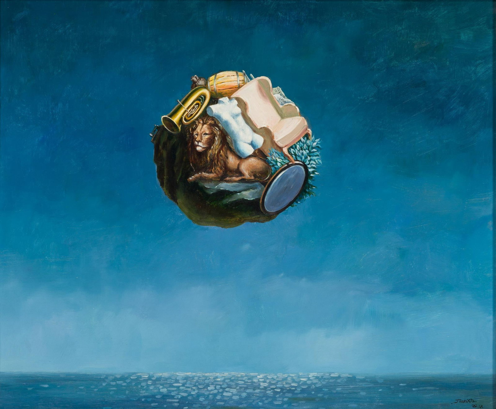 Oil On Canvas Painting After Rene Magritte: NOT ELIGIBLE FOR IN-HOUSE SHIPPING. This is a painting by Chinese painter Jian Xia after the painting titled The Mind Of The Traveler, Rene Magritte, 1898 - 1967. This painting was produced in 1999. 2