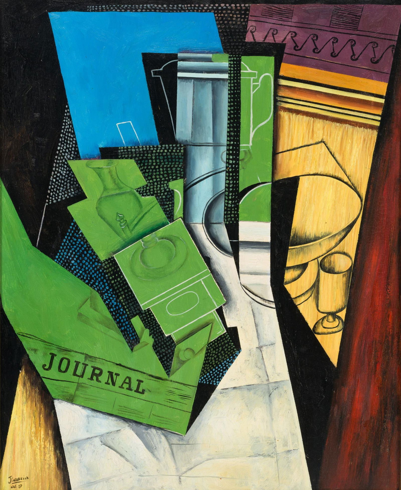 Oil On Canvas Painting After Juan Gris: NOT ELIGIBLE FOR IN-HOUSE SHIPPING. This is a painting by Chinese painter Jian Xia after the painting titled Breakfast, 1915, by Juan Gris. This painting was produced in 2001. 25" X 20", 31" X 26 1/4"