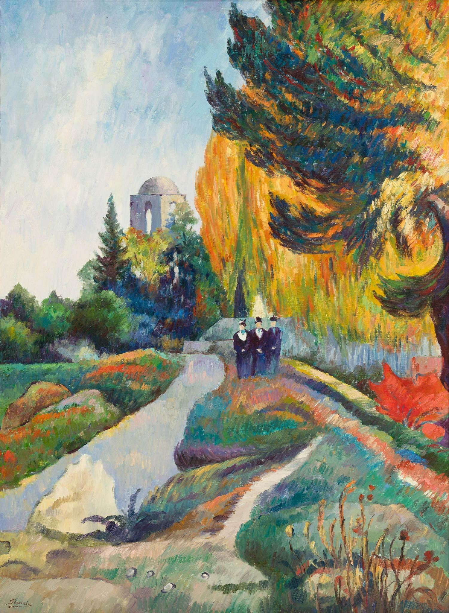 Oil On Canvas Painting After Paul Gauguin: NOT ELIGIBLE FOR IN-HOUSE SHIPPING. This is a painting by Chinese painter Jian Xia of the painting titled Les Alyscamps, 1888, by Paul Gauguin, French 1848 - 1903. The original is found in The Orsay M