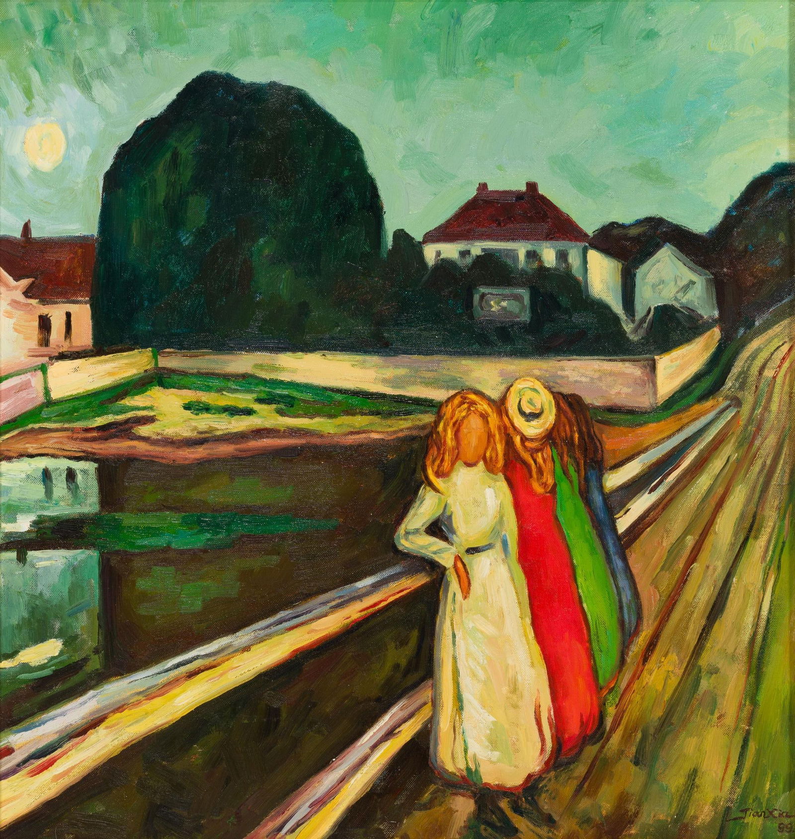 Oil On Canvas Painting After Edvard Munch: NOT ELIGIBLE FOR IN-HOUSE SHIPPING. This is a painting by Chinese painter Jian Xia after the painting titled Four Girls On The Bridge, 1905. This painting was produced in 1999. 22 1/2" X 21", 30 1/2"