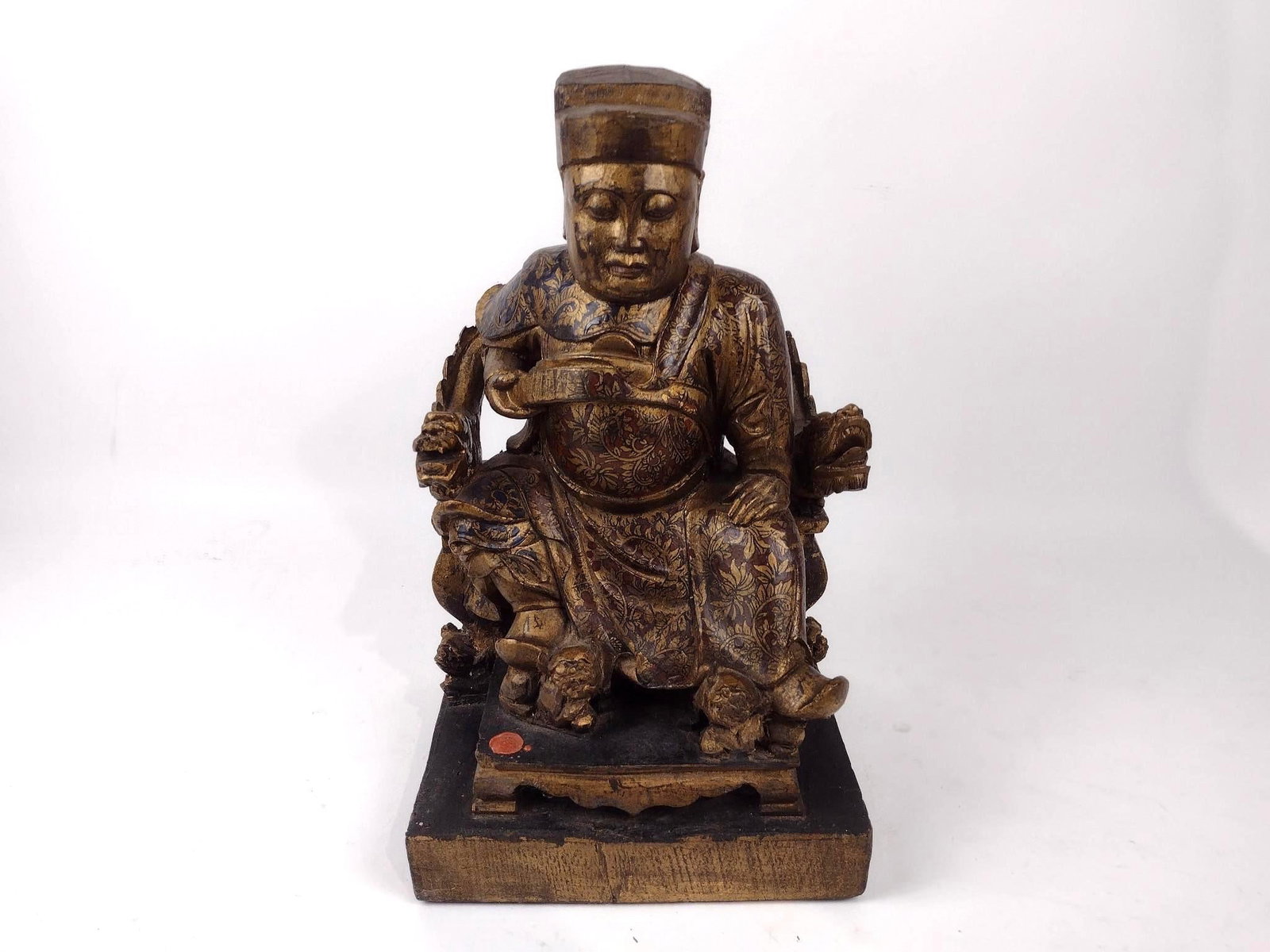 Antique Giltwood Carved Seated Emperor Statue: NOT ELIGIBLE FOR IN-HOUSE SHIPPING. With wax seal. 9-1/4" wide x 8-3/4" deep x 15-1/4" high.