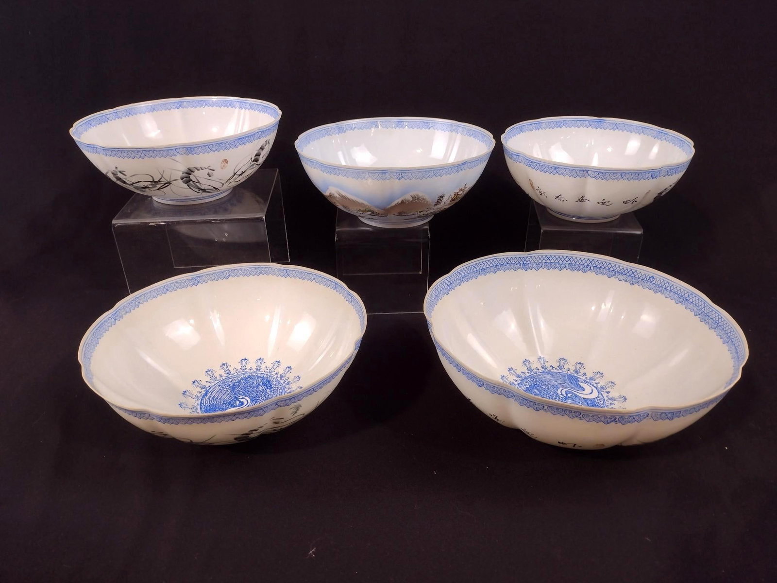 5 Asian Eggshell Porcelain Bowls: 7-1/2" to 9-3/4" diameter x 3" to 3-3/4" high.