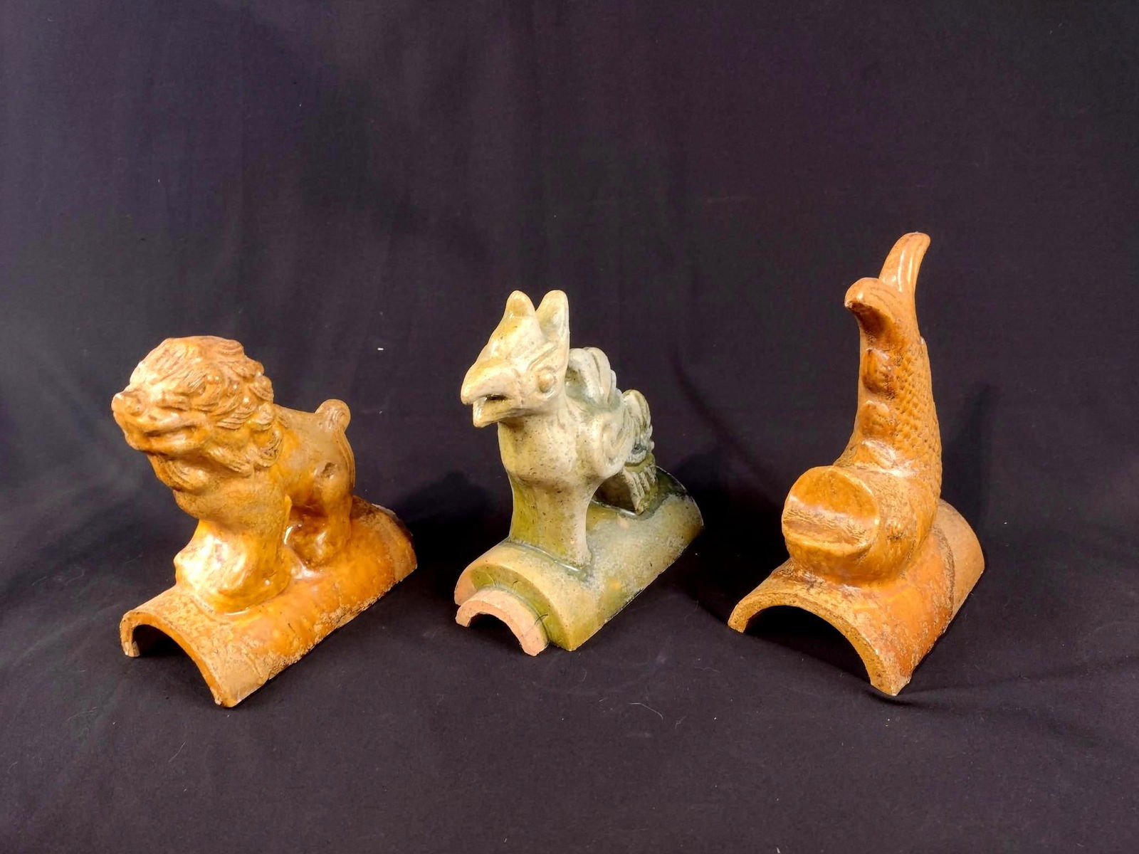 3 Majolica Animal Roof Tiles: Includes fish, bird, and foo dog. 7-3/4" to 8-1/2" long x 8" to 10" high.