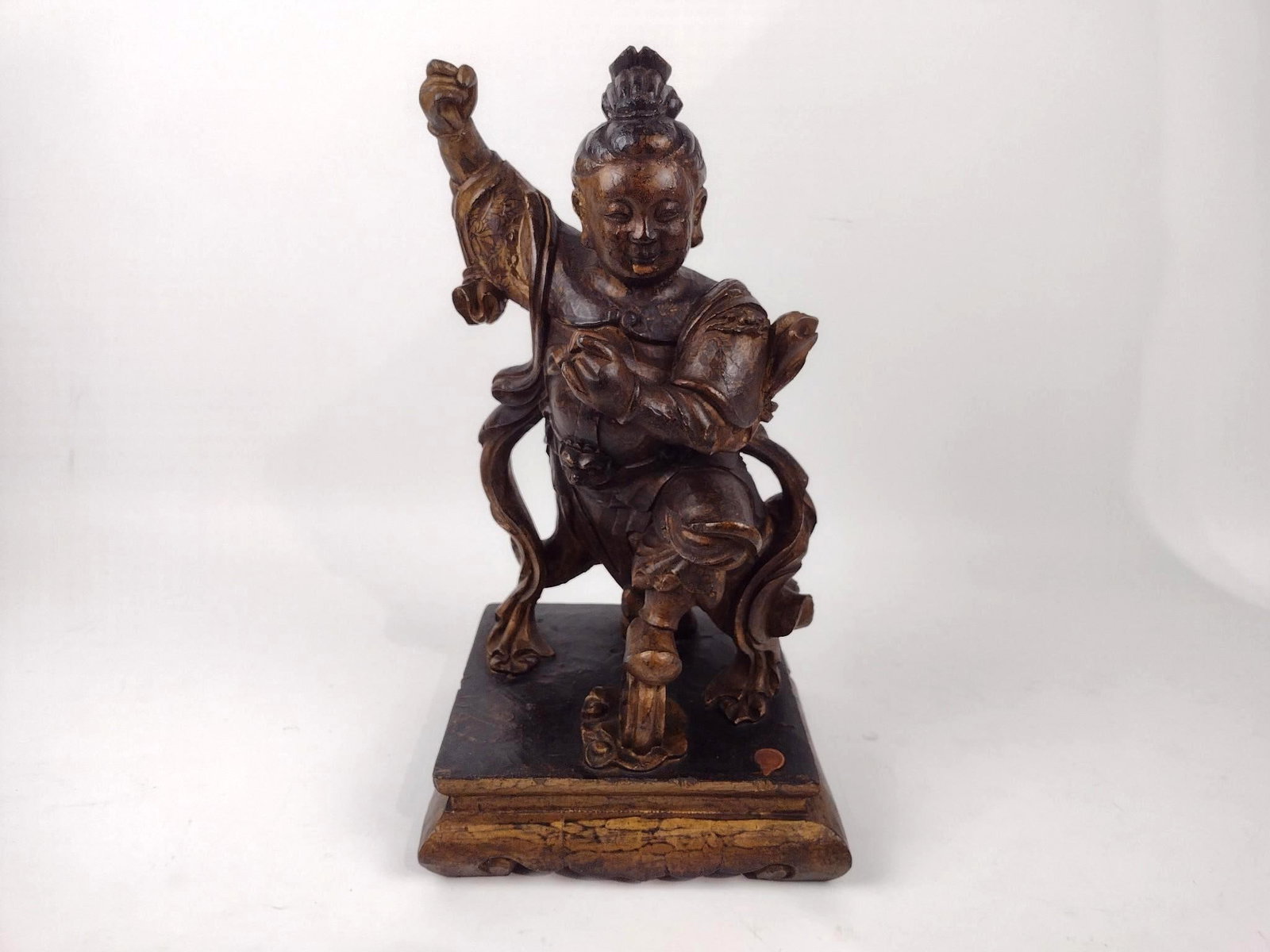 Carved Chinese Wood Statue: NOT ELIGIBLE FOR IN-HOUSE SHIPPING. With wax seal on base. 9" wide x 16-1/4" high.