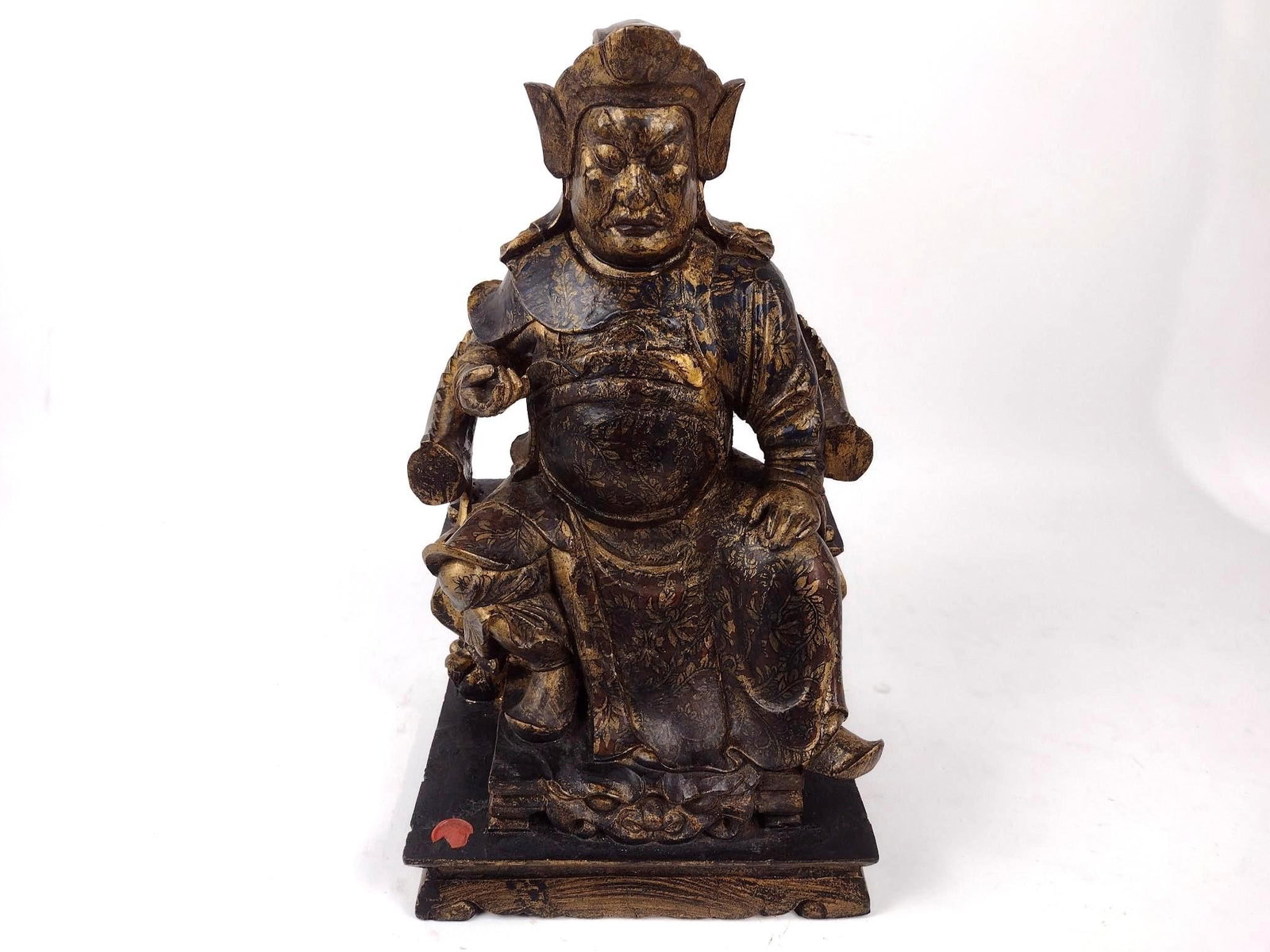Gilt-Laquered Wooden Carved Chinese Home Guardian: NOT ELIGIBLE FOR IN-HOUSE SHIPPING. Has Jian Ding Certified Export Approval Seal, circa 1997. 15" tall x 8-1/2" wide.