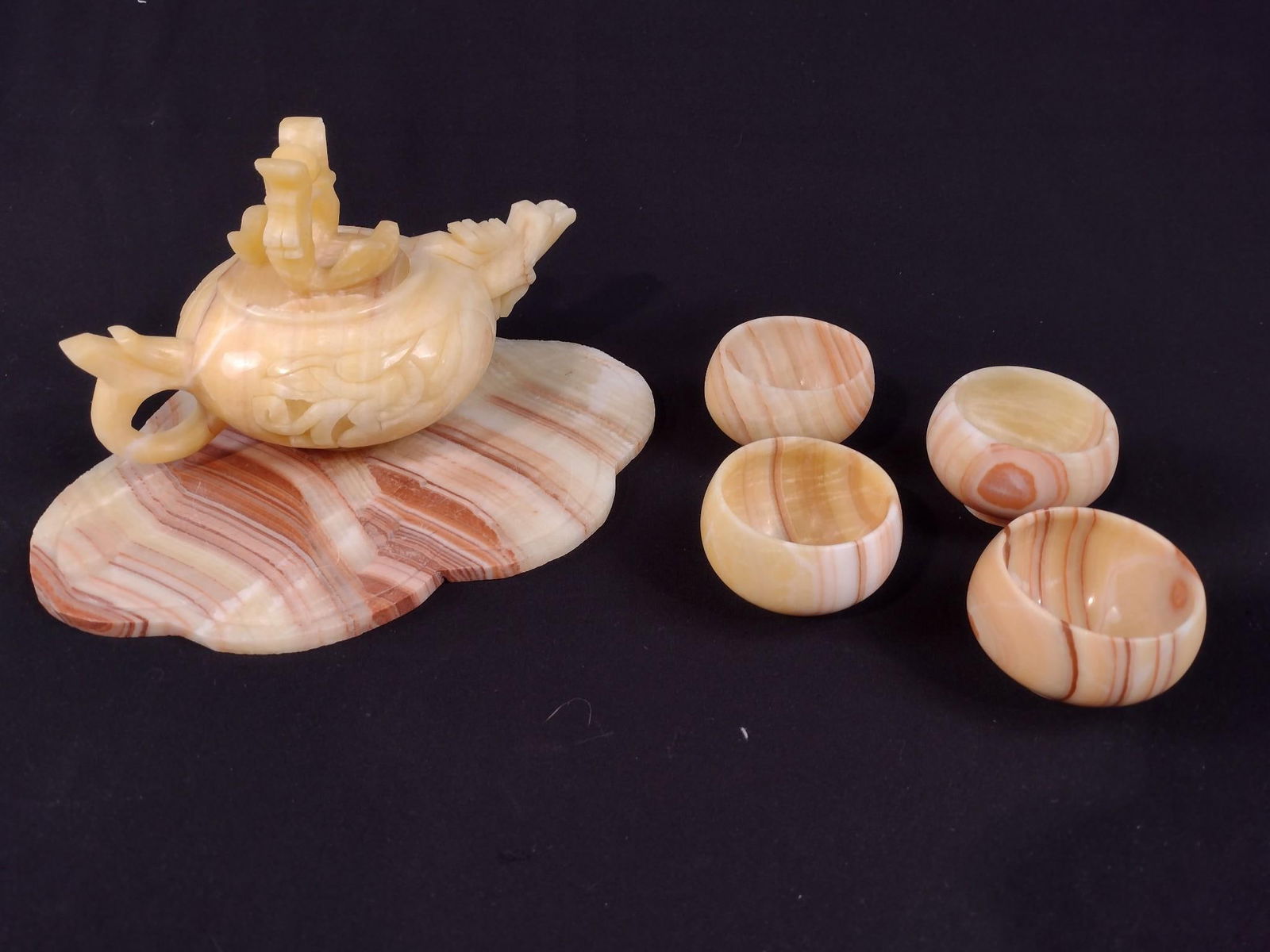 6 Pc of Agate Tea Service: Teapot is 8-1/2" long.