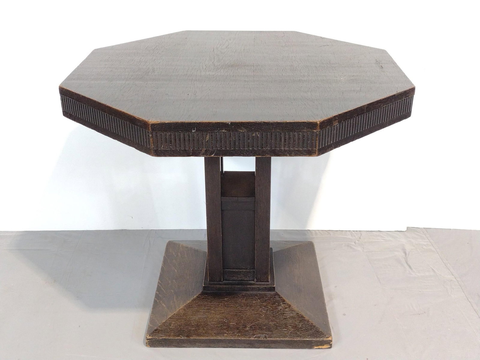 Antique Hexagonal Table: NOT ELIGIBLE FOR IN-HOUSE SHIPPING. 35-1/4" wide X 35-1/4" deep X 30" high. Has some light scratches and areas of finish loss