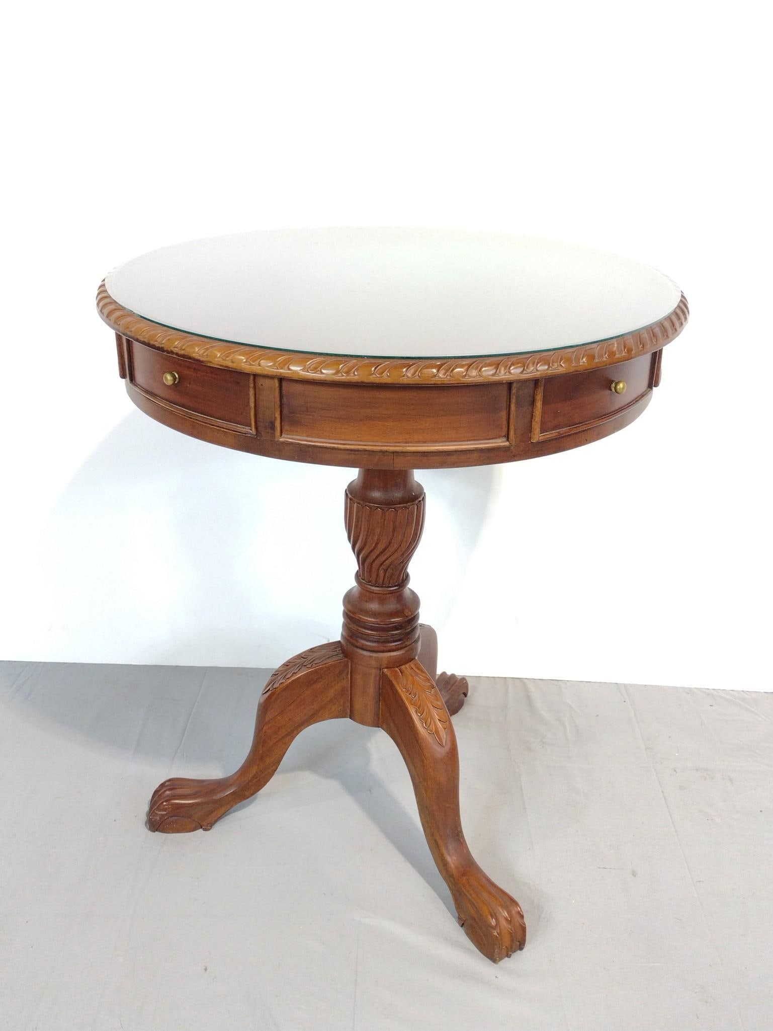 Four Drawer Occasional Table: NOT ELIGIBLE FOR IN-HOUSE SHIPPING. 24" diameter X 28" high. No manufactures name found.
