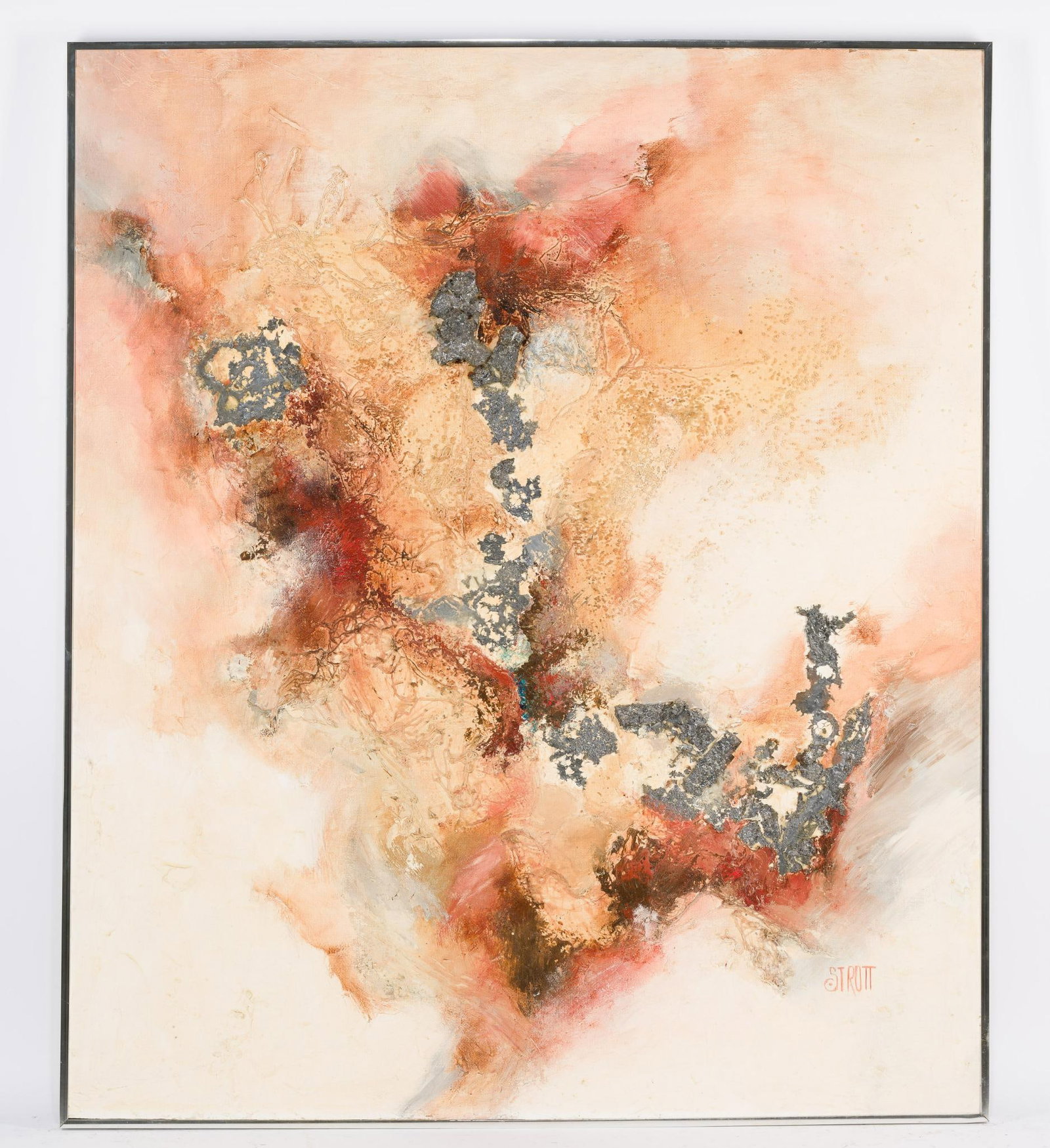 Oil And Mixed Media On Board Painting: NOT ELIGIBLE FOR IN-HOUSE SHIPPING. Oil And Mixed Media On board by Dot Strott, Pittsburgh, PA titled "Either Or". 41 1/2" X 35 1/2", 42 1/4" X 36 14" framed.