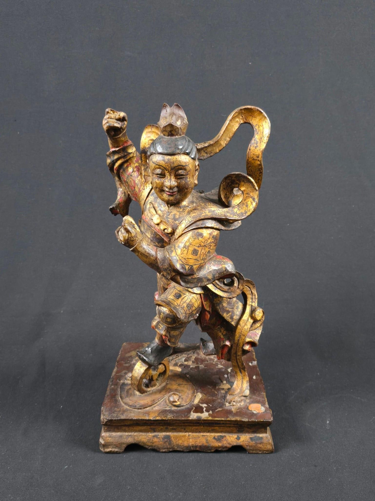 Wood Ne Zha Statue: NOT ELIGIBLE FOR IN-HOUSE SHIPPING. With wax import seal. 7" wide x 15-1/2" high.