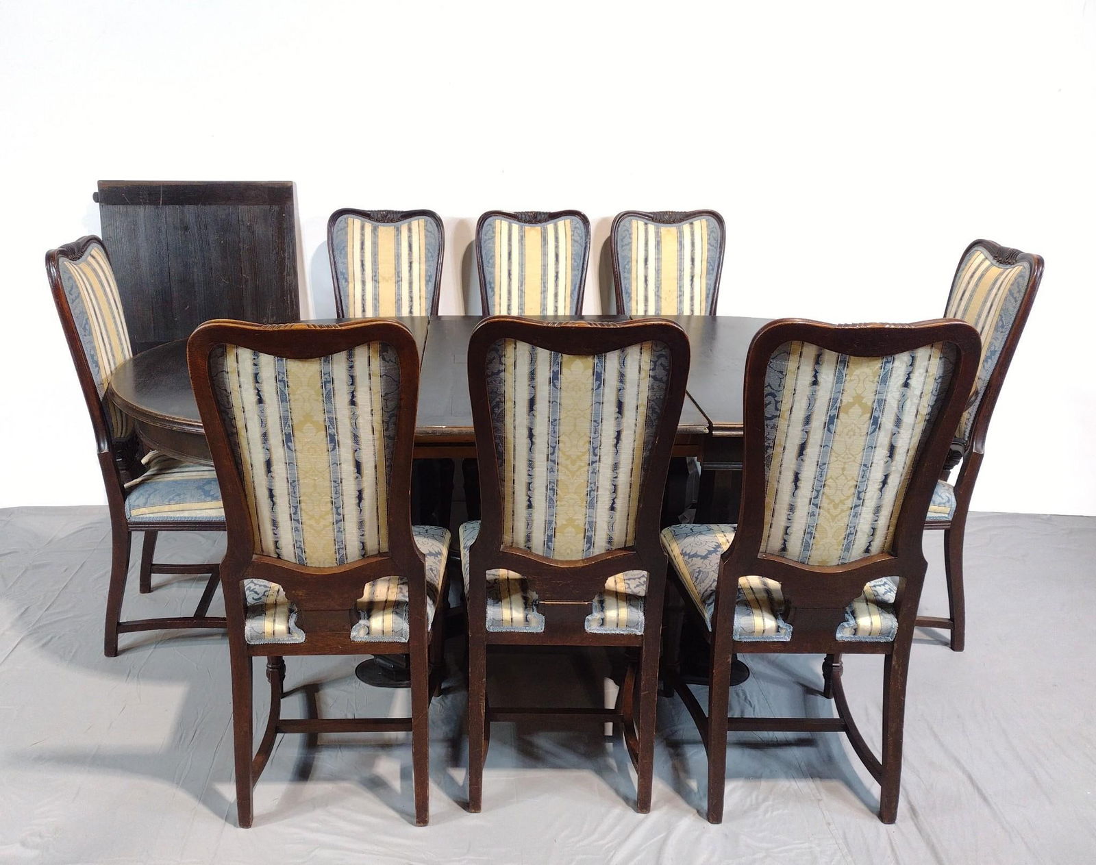 Dining Room Table & Chair Set: NOT ELIGIBLE FOR IN-HOUSE SHIPPING. Table 63" wide X 47" deep X 31" high. Table leaves 25-1/2" wide each. Chairs 19" wide X 20-1/2" deep X 43" high. All Pcs have scratches and areas of finish loss.