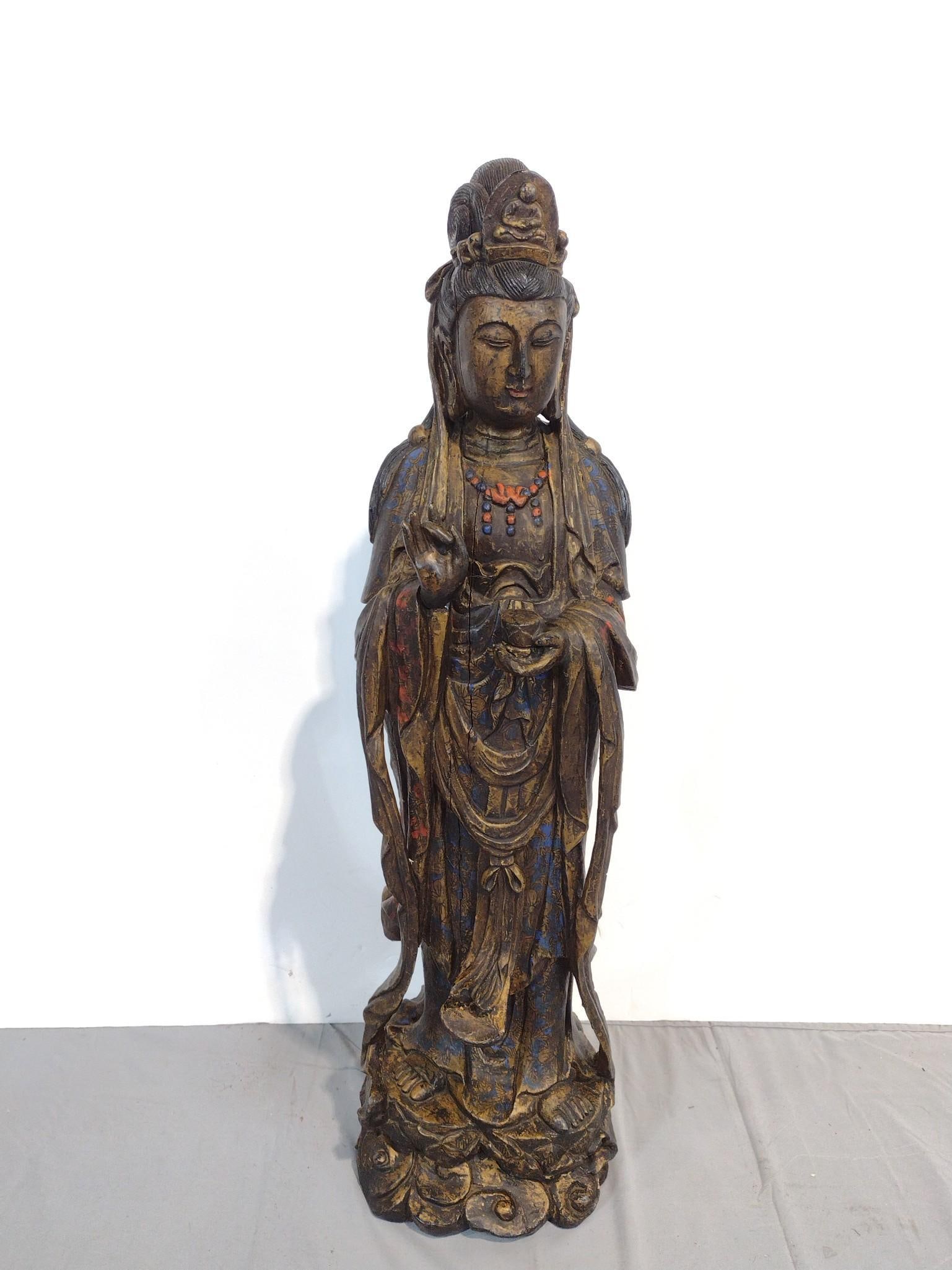 Wood Carved Buddha Statue: NOT ELIGIBLE FOR IN-HOUSE SHIPPING. 8" wide X 7" deep X 30" high. Starting to split.