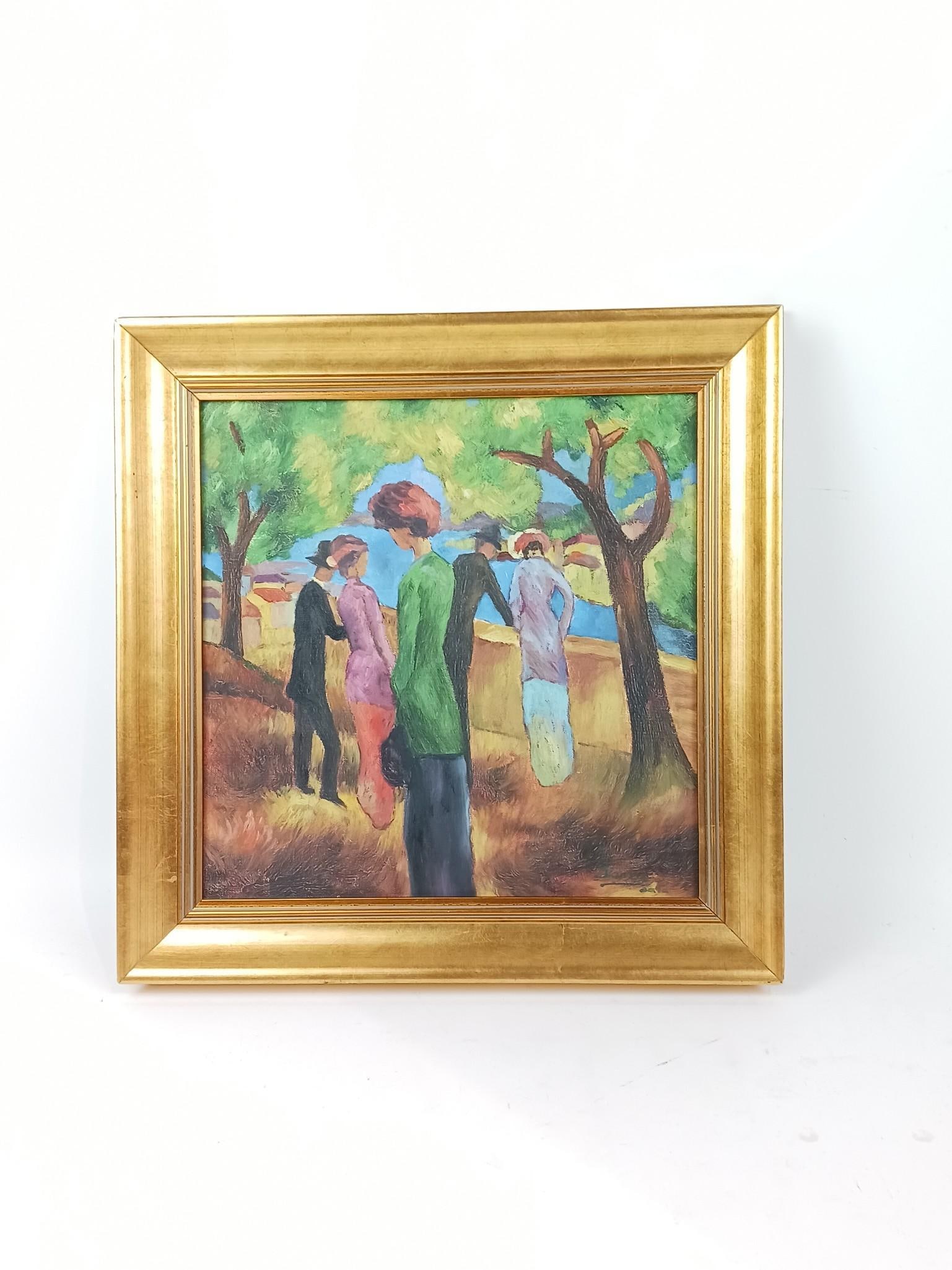 Oil On Canvas Painting In The Manner Of August Macke: NOT ELIGIBLE FOR IN-HOUSE SHIPPING. This is a painting by Chinese painter Jian Xia after the original painting by August Macke, German, 1887 - 1914, Lady In A Green Jacket, 1913. The original is locat