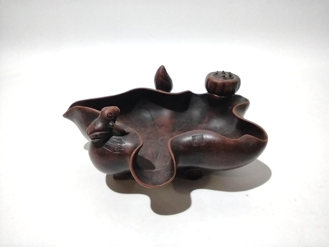 Asian Carved Lotus/Frong Pen Wash: Stamped. 8-1/4" wide x 3-3/4" high.